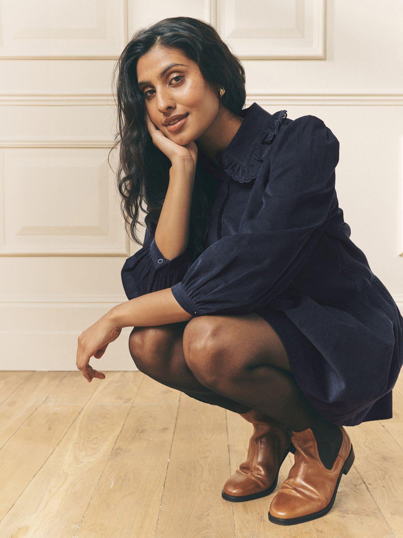  image of laura-ashley-long-sleeve-cord-dress-blue