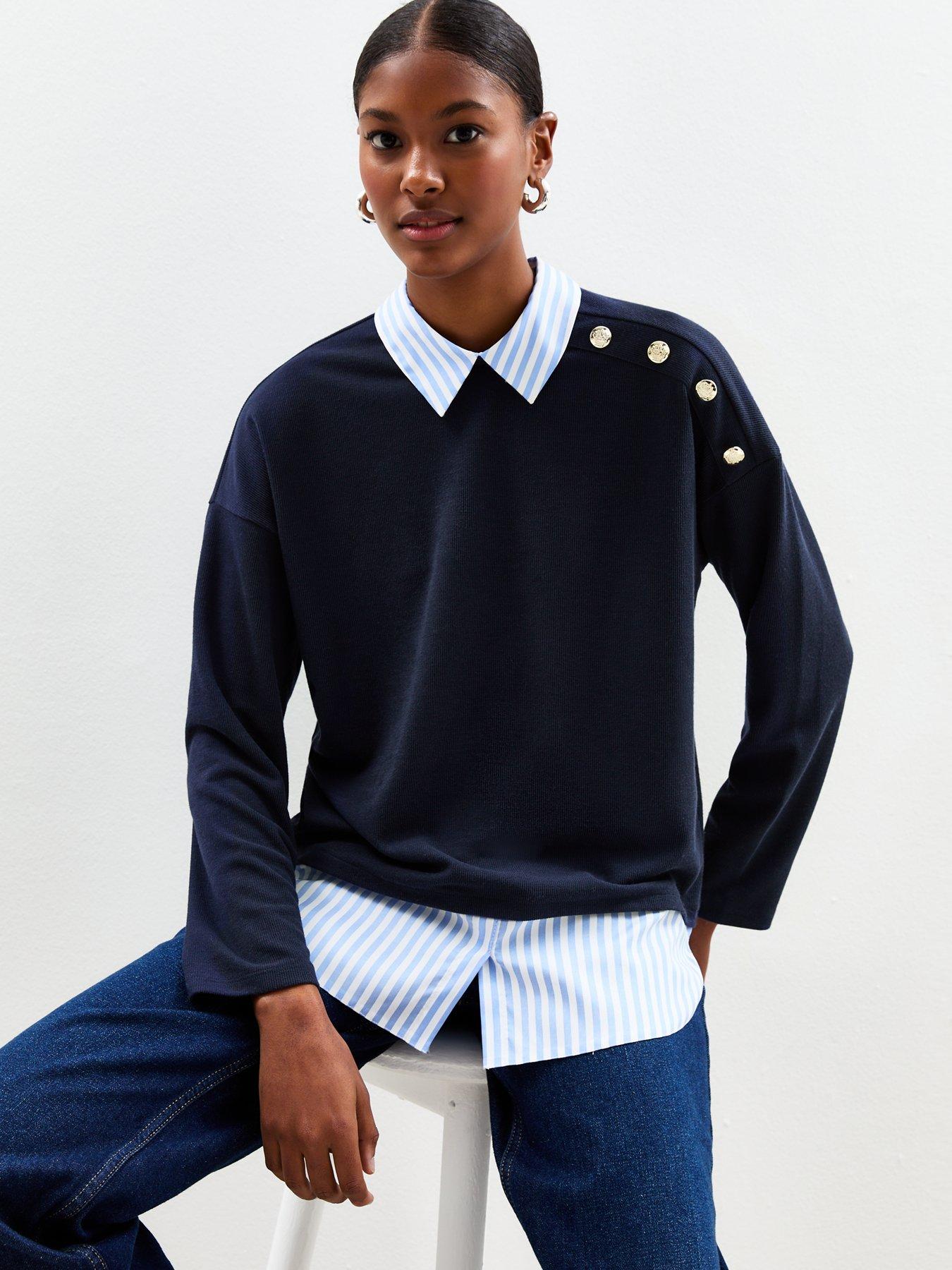 undefined 2 In 1 Striped Shirt Ribbed Jumper - Blue