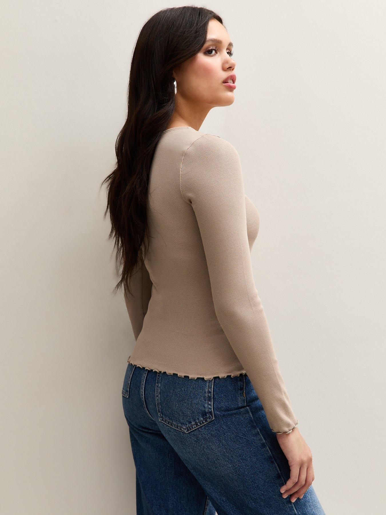 Image 2 of 4 of New Look Long Sleeve Ribbed Top - Brown