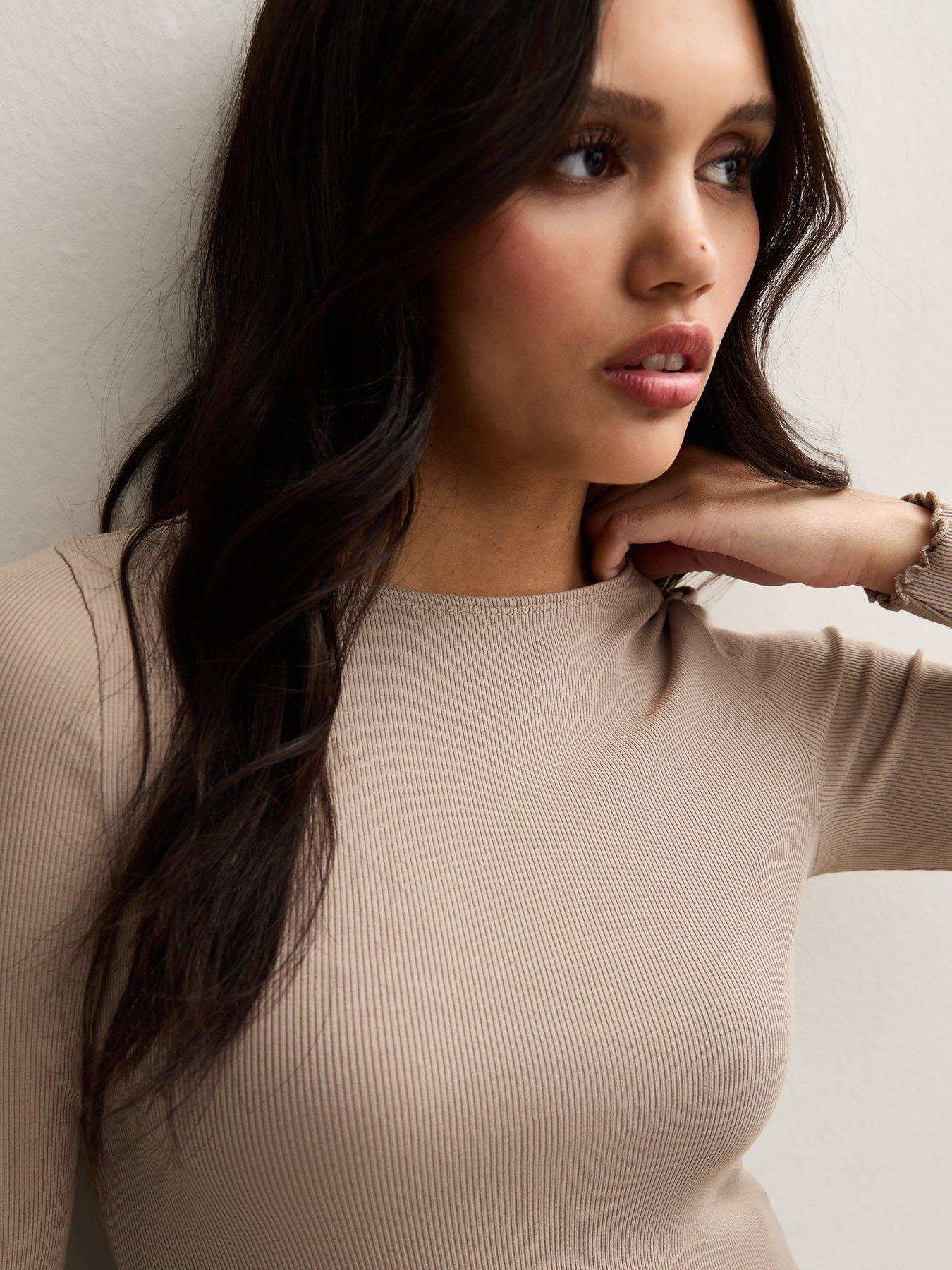 Image 4 of 4 of New Look Long Sleeve Ribbed Top - Brown