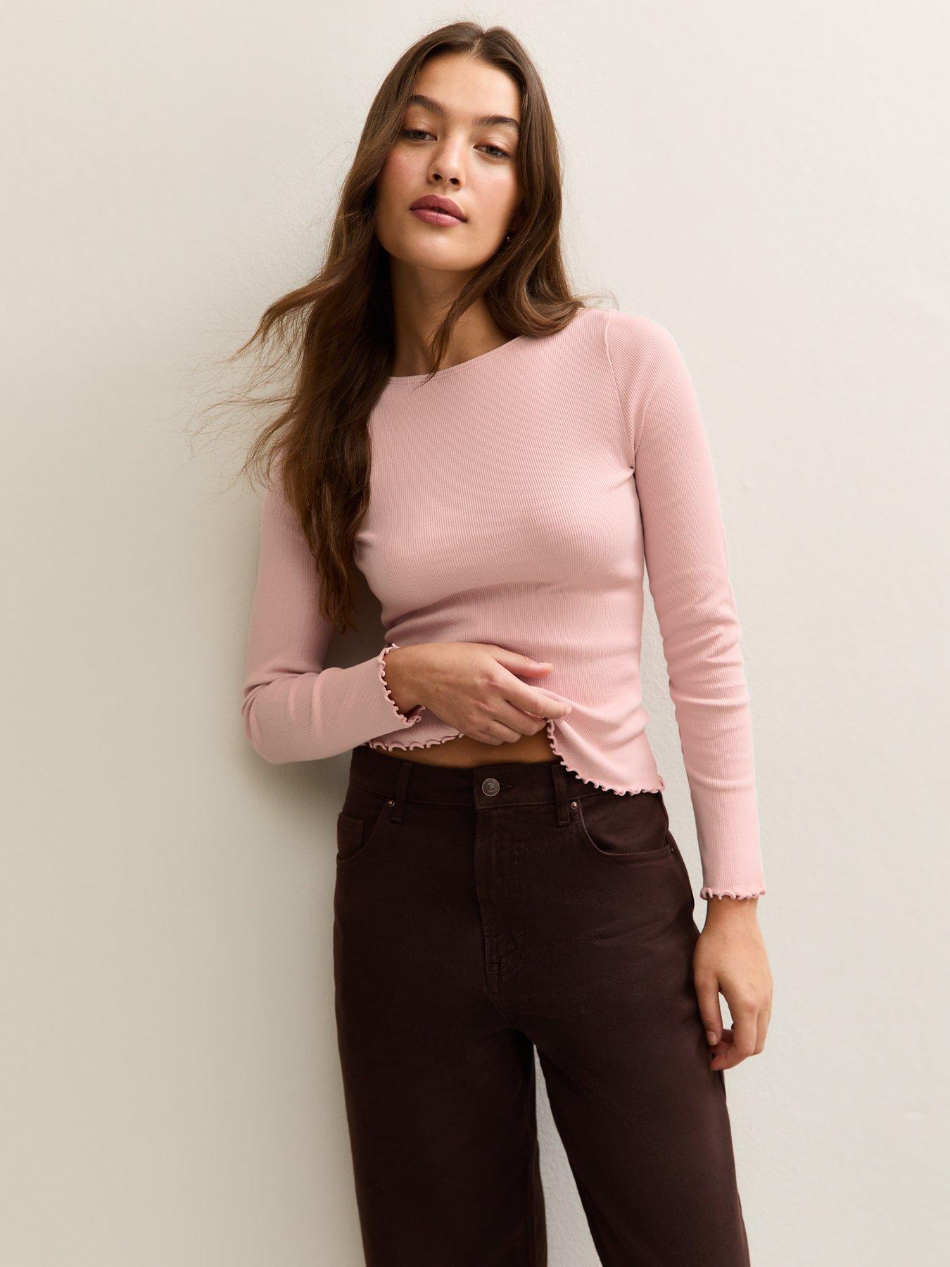 undefined Long Sleeve Ribbed Top - Pink
