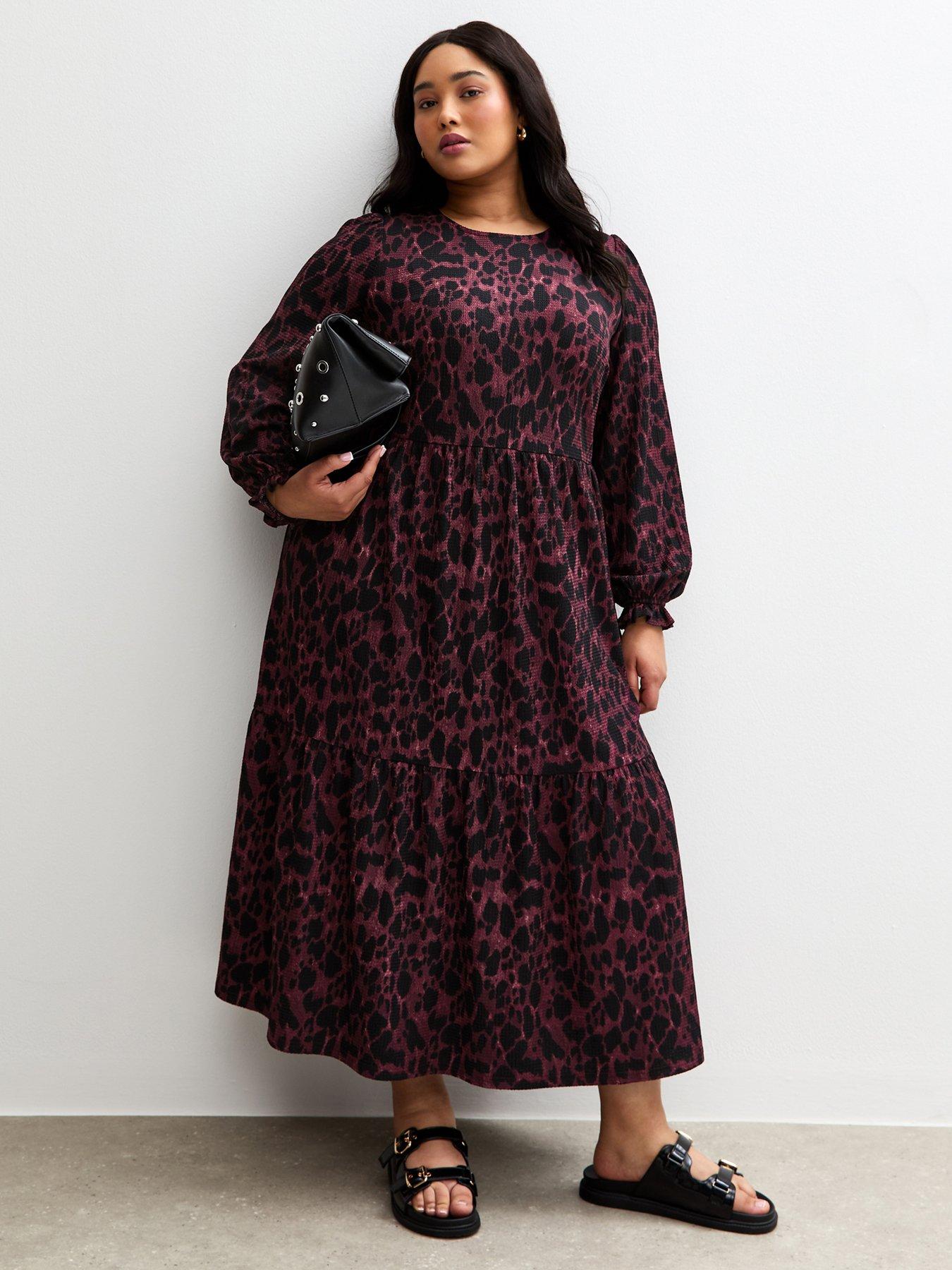 Image 3 of 5 of New Look Curves Red Leopard Print Crinkle Smock Midi Dress