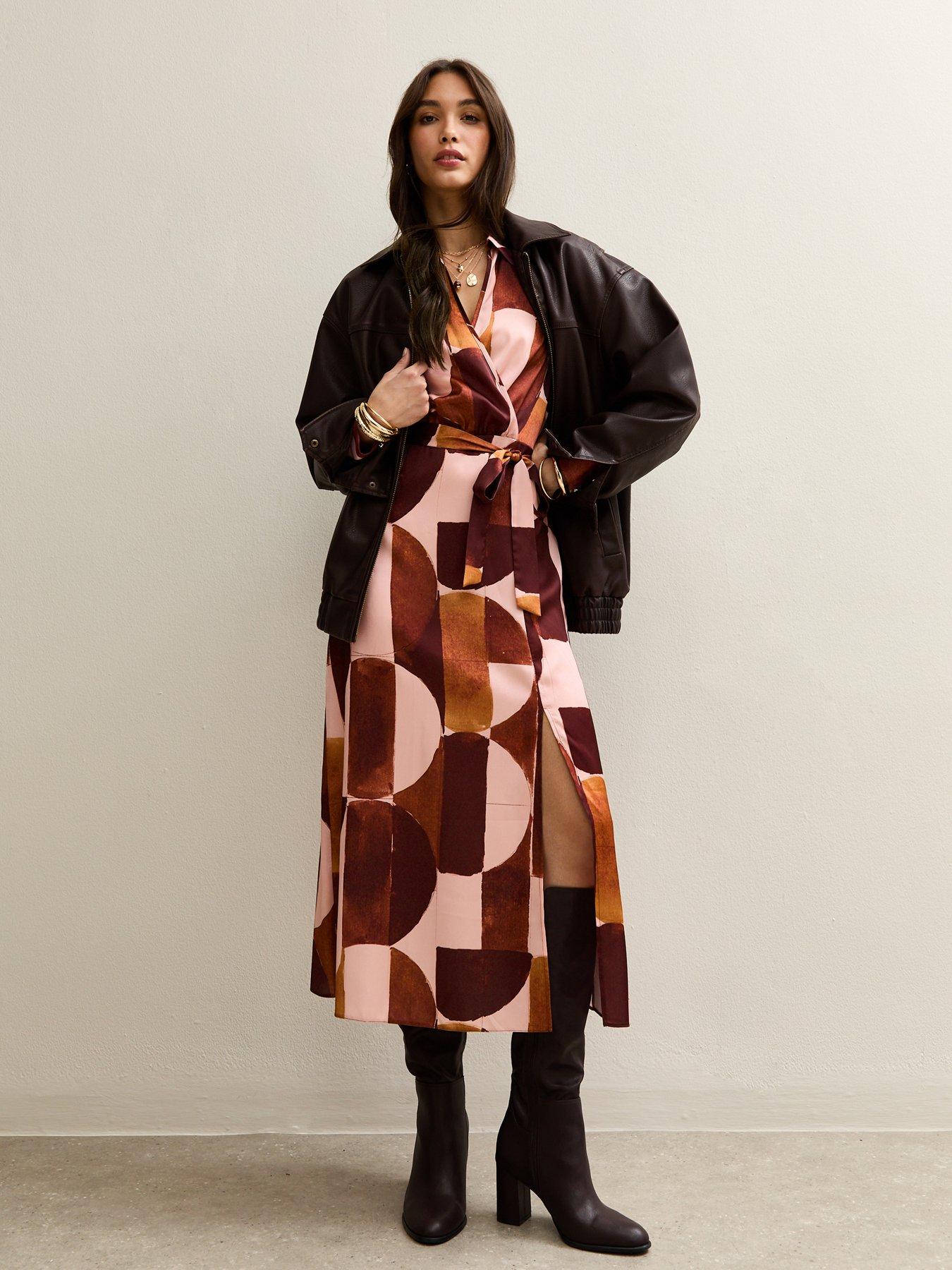 Image 3 of 4 of New Look Pink Geometric Print Midi Wrap Dress