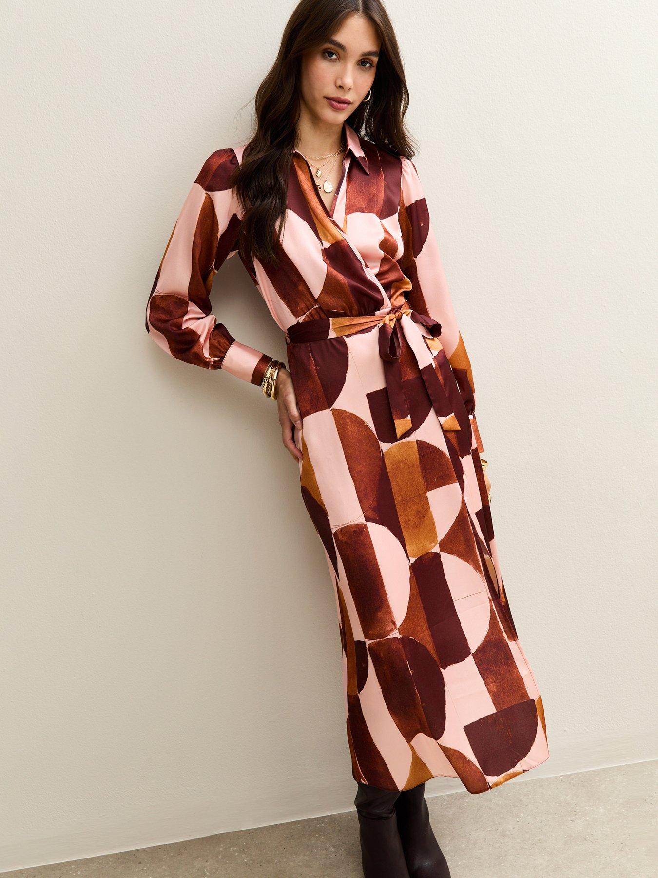 Image 4 of 4 of New Look Pink Geometric Print Midi Wrap Dress