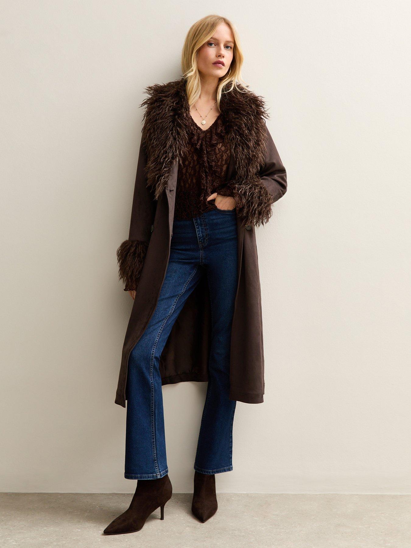 New Look Faux Fur Trimmed Faux Suede Coat - Brown