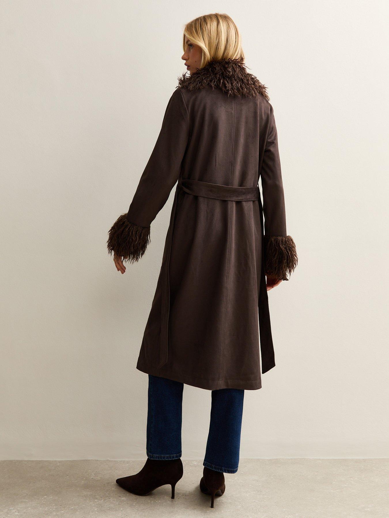  image of new-look-faux-fur-trimmed-faux-suede-coat-brown