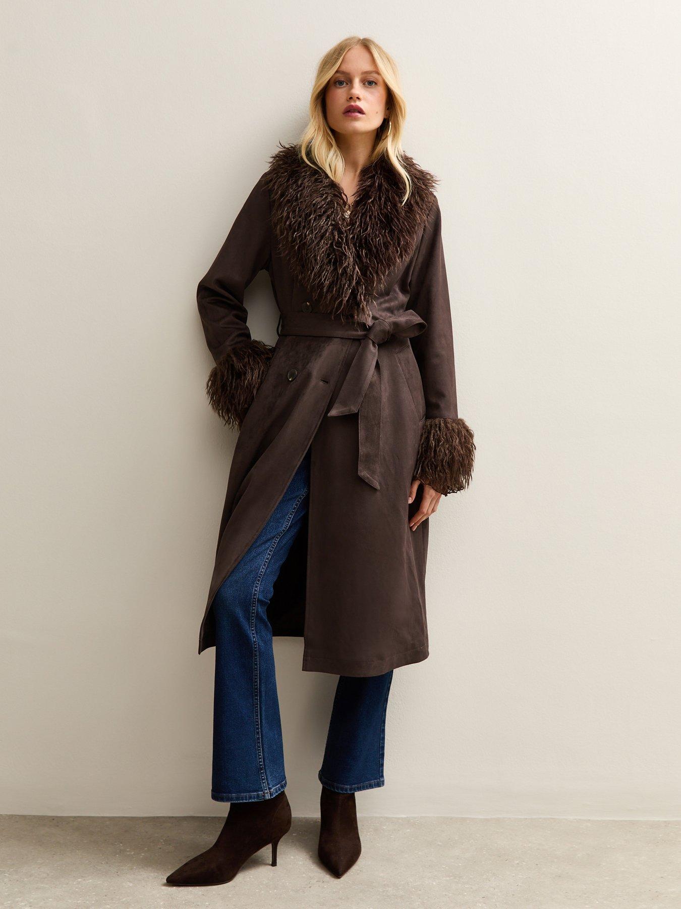  image of new-look-faux-fur-trimmed-faux-suede-coat-brown