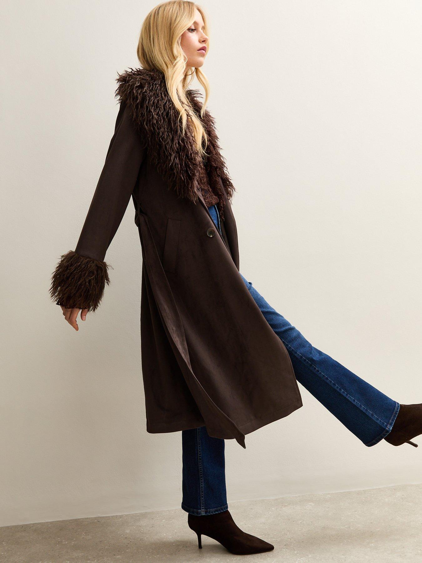  image of new-look-faux-fur-trimmed-faux-suede-coat-brown