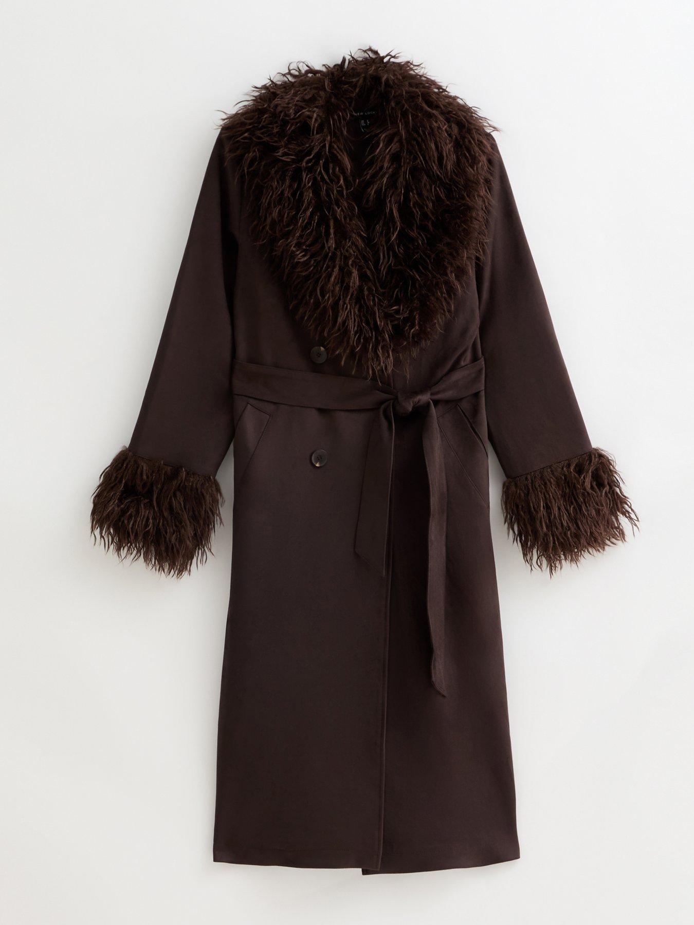  image of new-look-faux-fur-trimmed-faux-suede-coat-brown