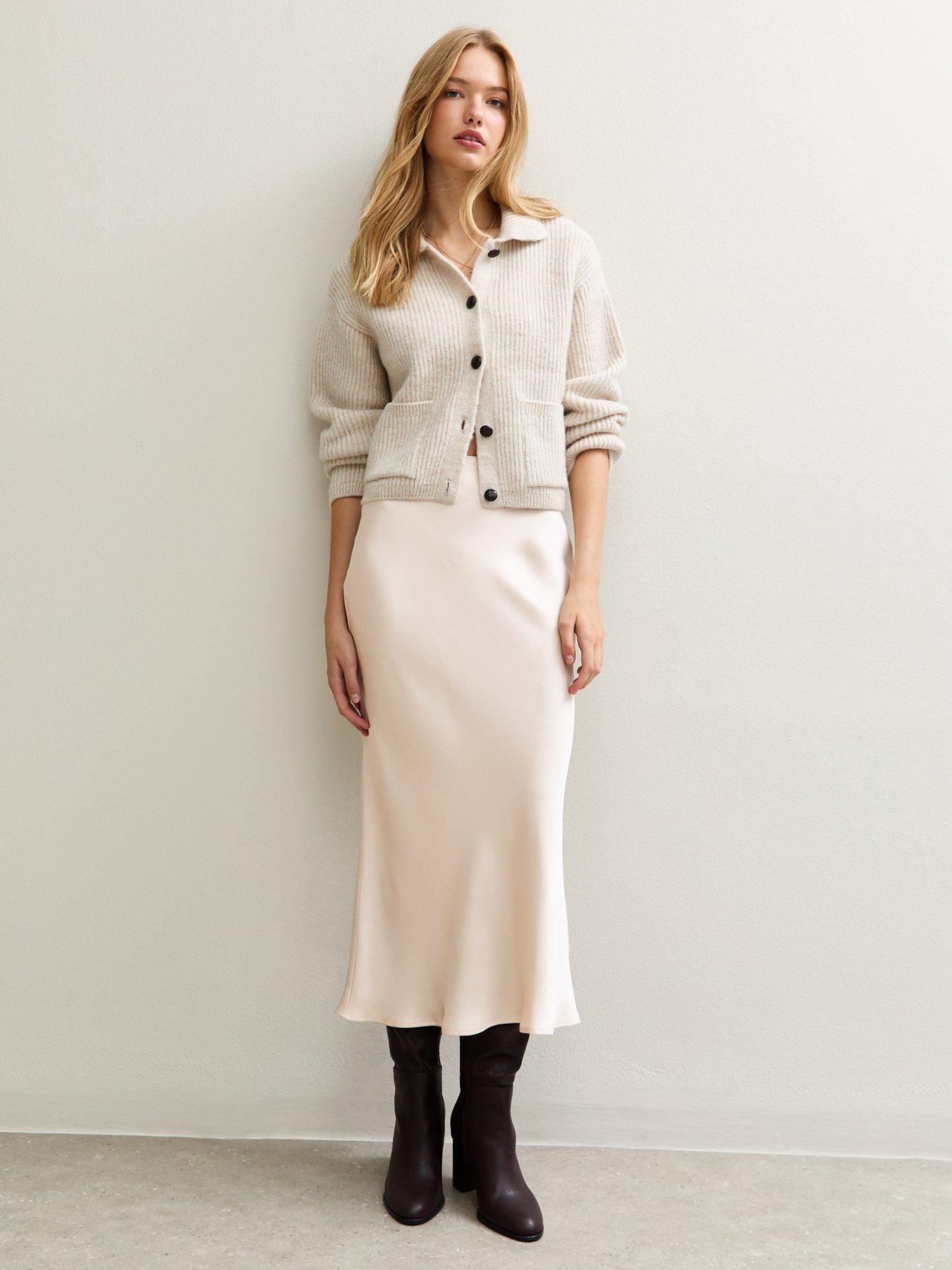 undefined Pale Pink Satin Bias Cut Midi Skirt