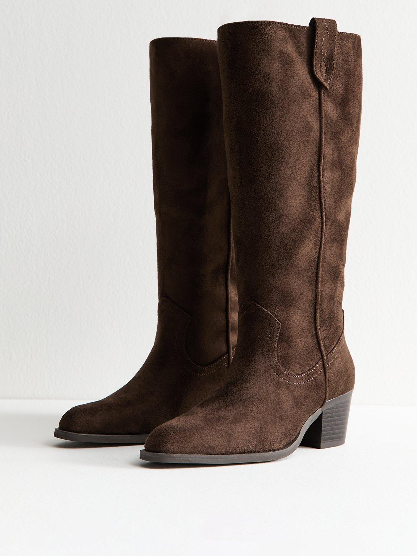 front image of new-look-faux-suede-western-knee-high-boots-brown