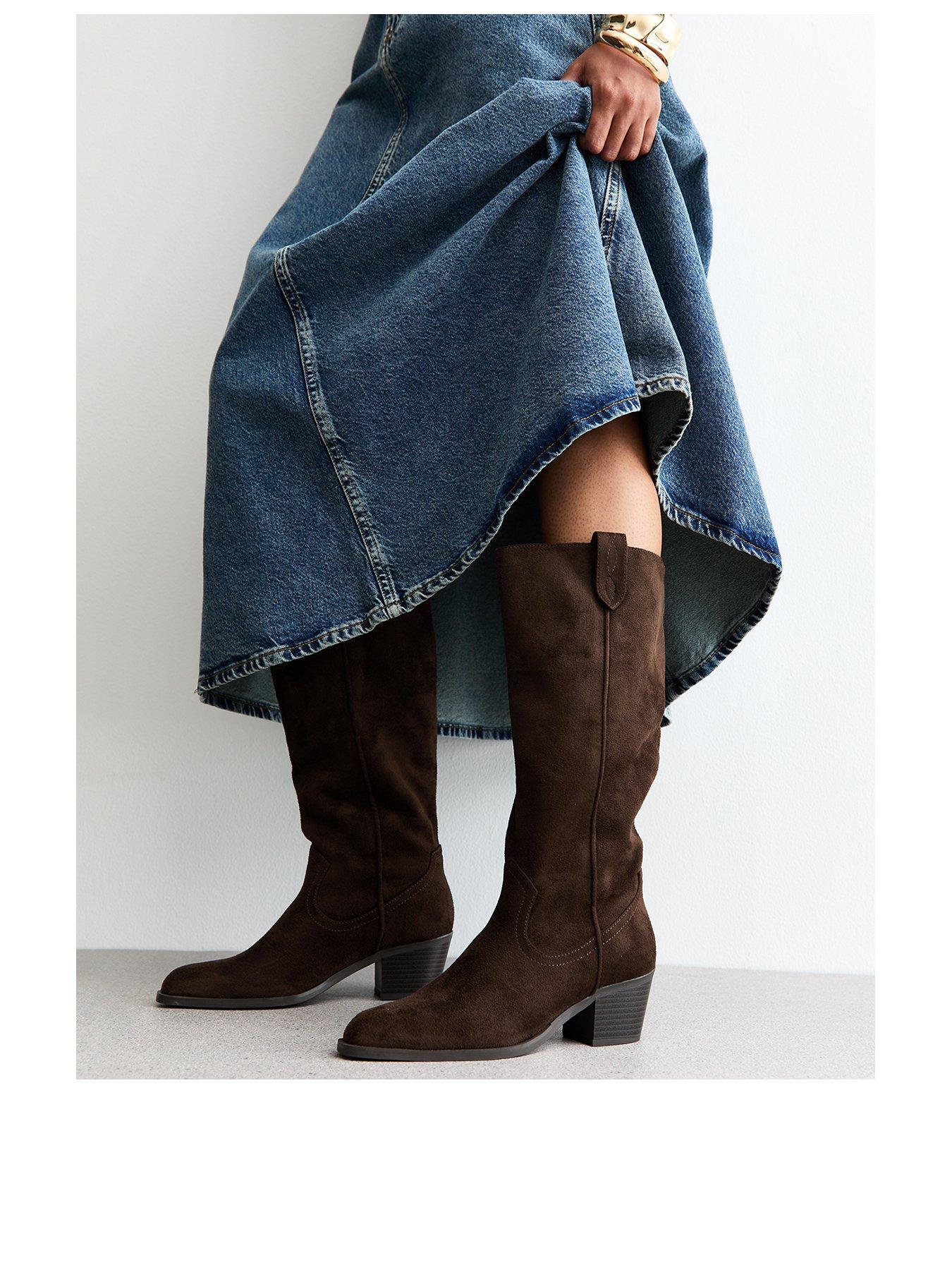 stillFront image of new-look-faux-suede-western-knee-high-boots-brown