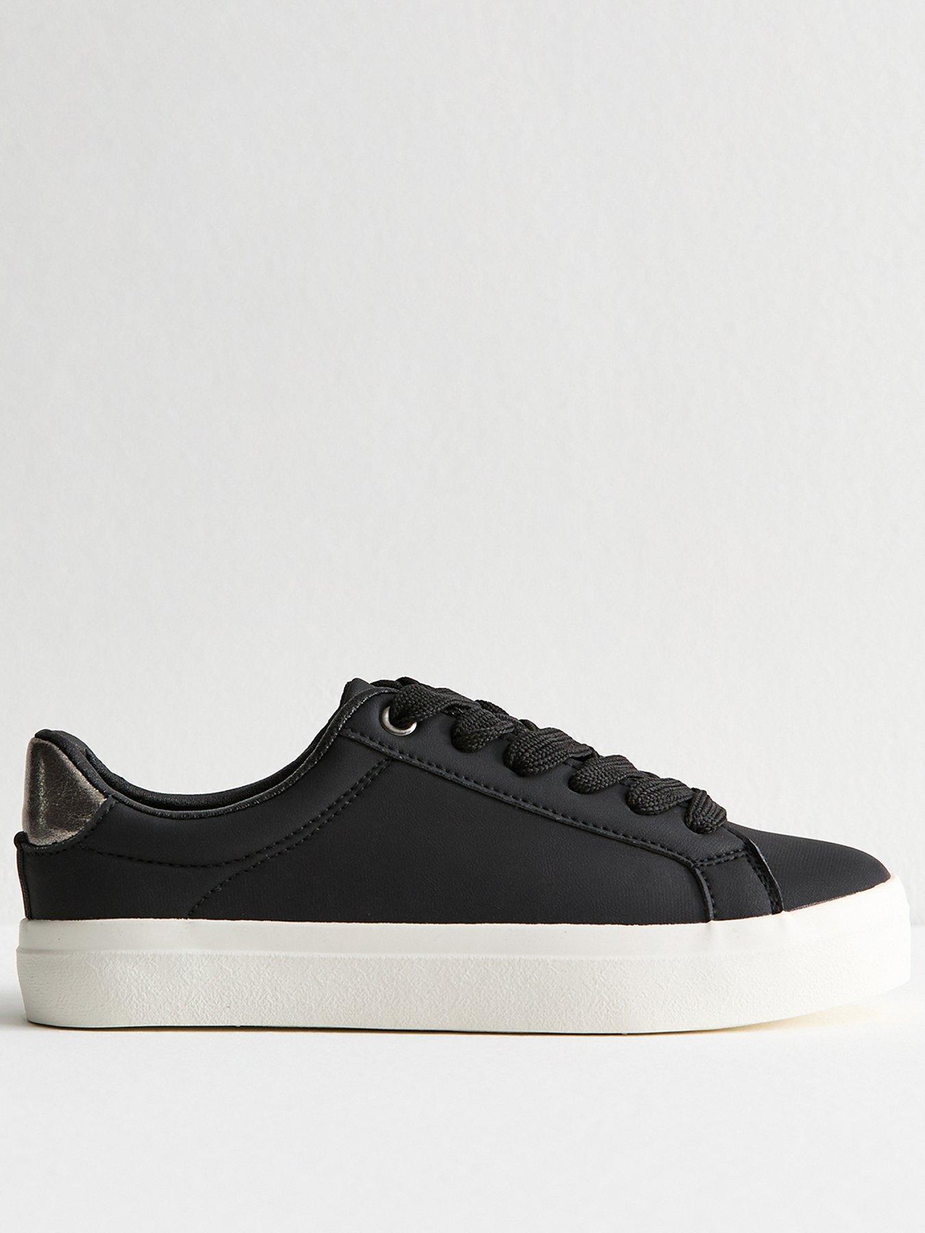 Image 1 of 5 of New Look Black Faux Leather Contrast Heel Tab Trainers