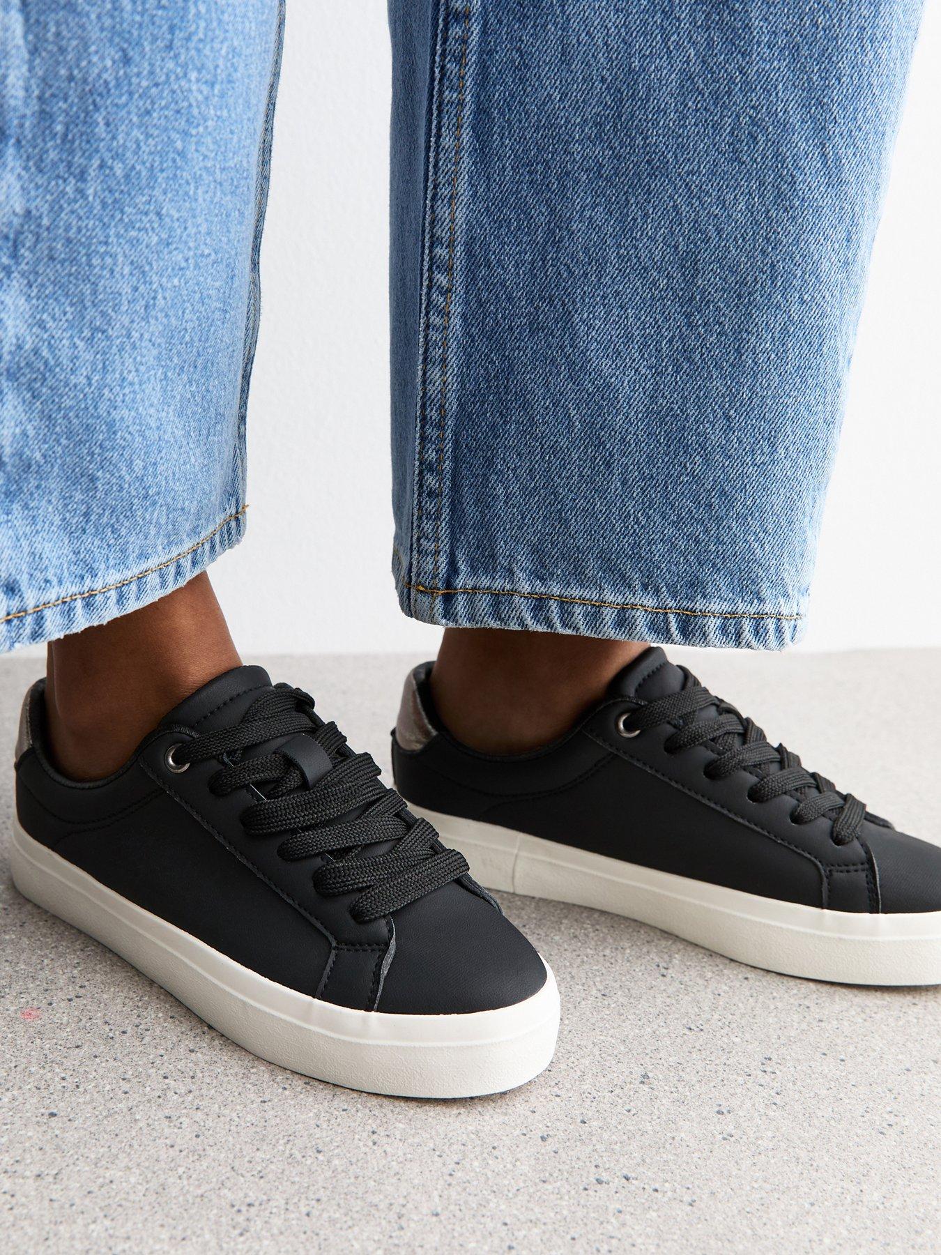 Image 5 of 5 of New Look Black Faux Leather Contrast Heel Tab Trainers