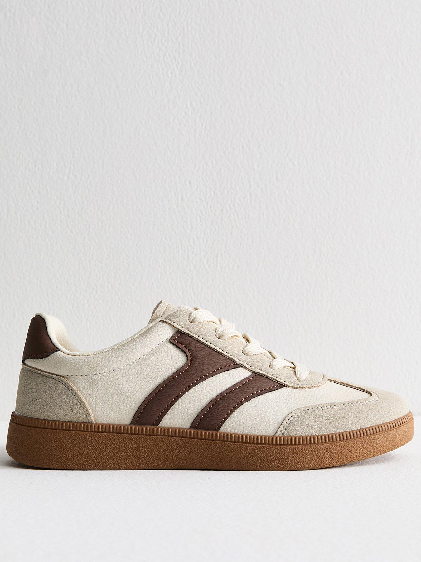 Image 1 of 5 of New Look Cream Contrast Panel Faux Suede Trainers