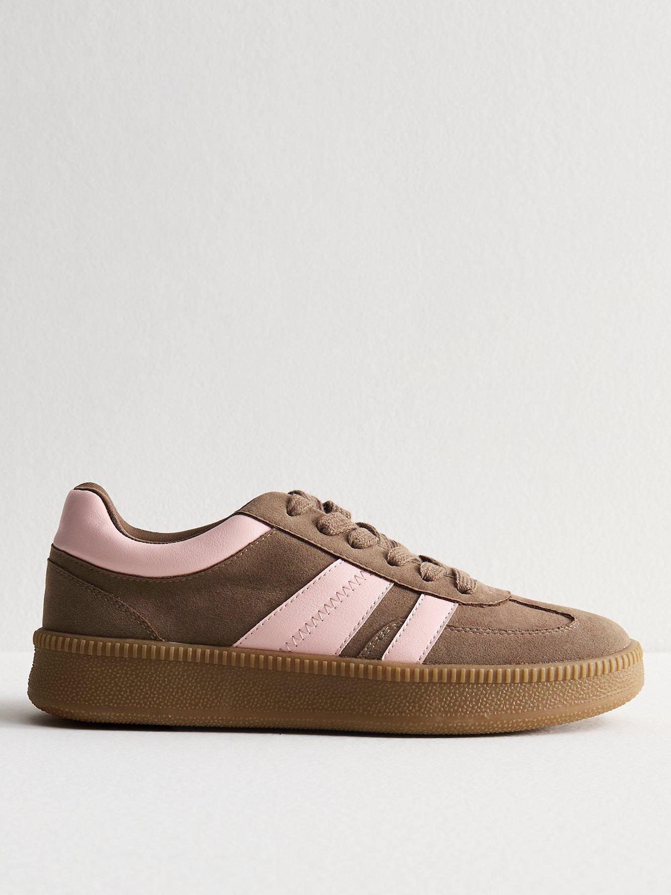 Image 1 of 6 of New Look Faux Suede Side Stripe Low Top Trainers - Brown