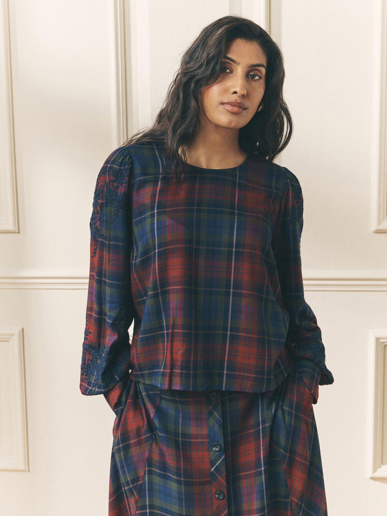 Laura Ashley Long Sleeve Check Embroidered Blouse - Purple
