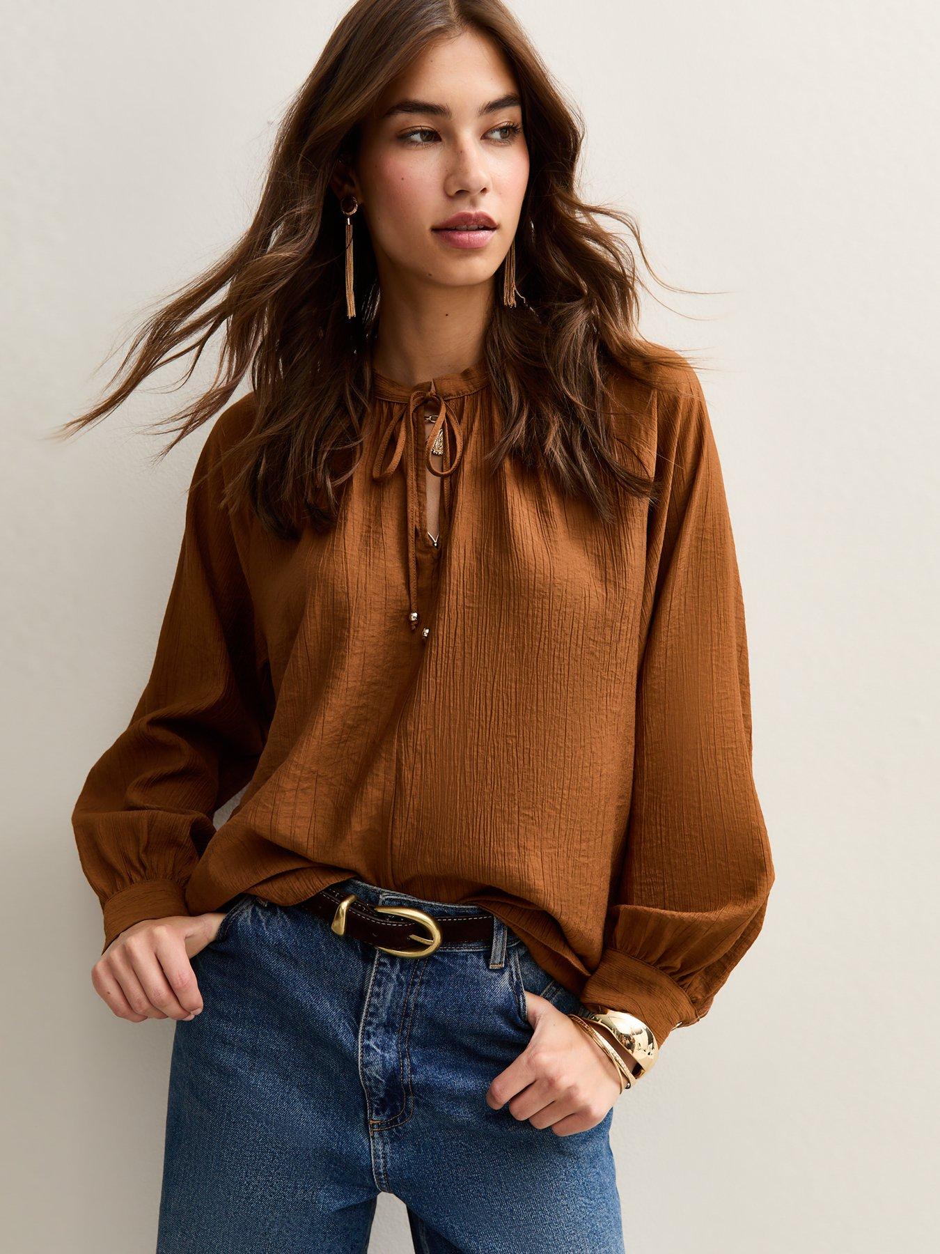 Image 1 of 5 of New Look Tie Neck Long Sleeve Blouse - Brown