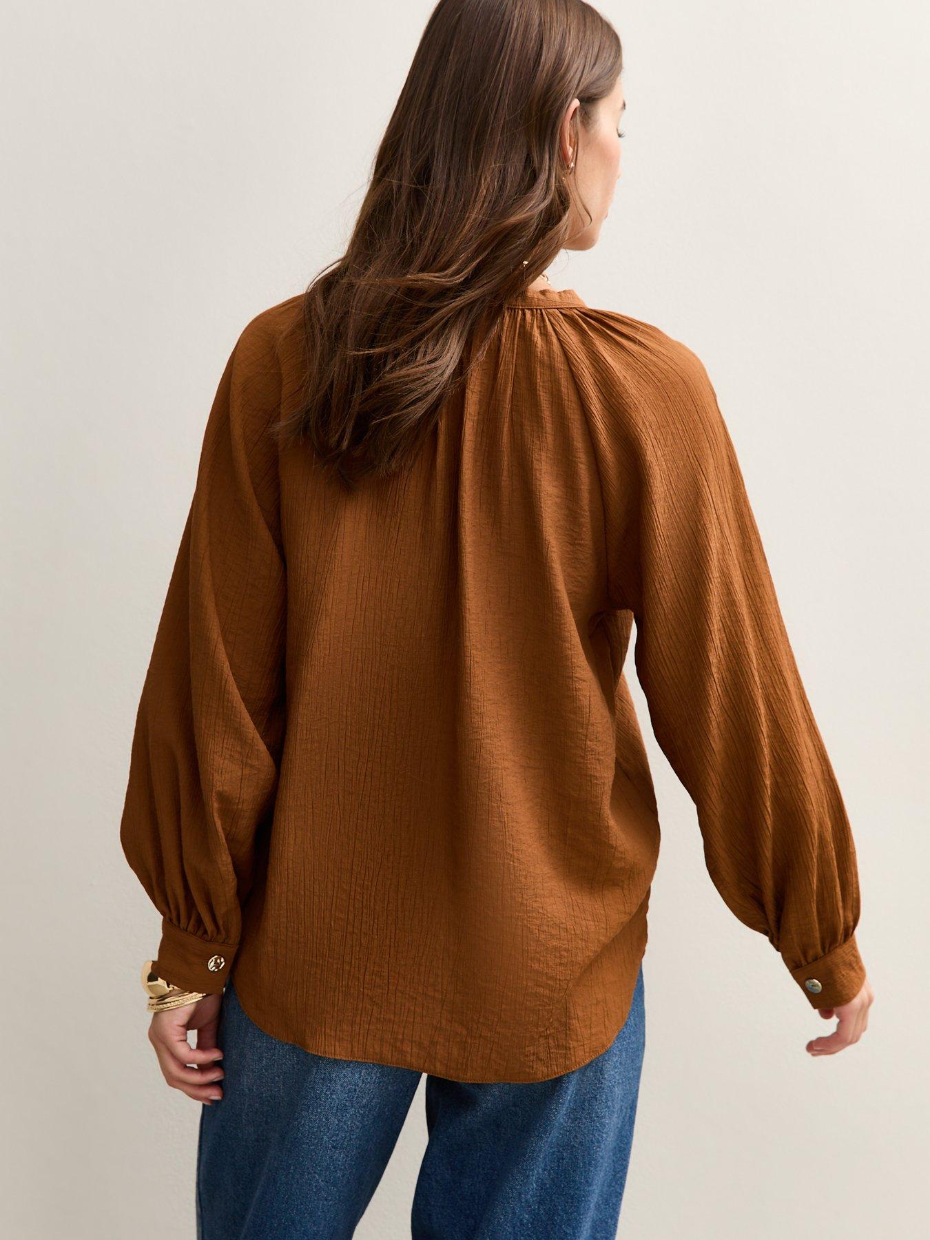 Image 2 of 5 of New Look Tie Neck Long Sleeve Blouse - Brown