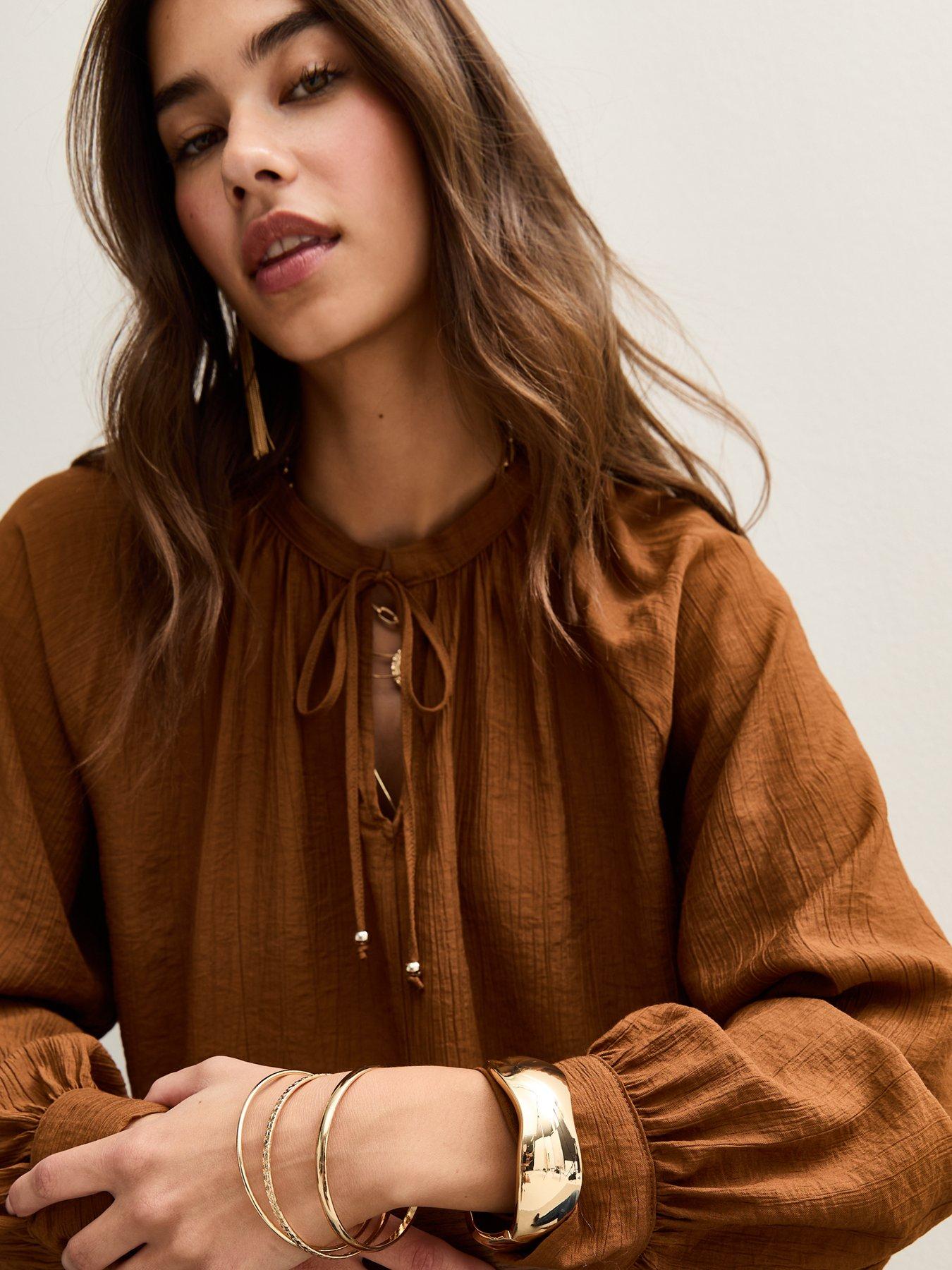 Image 4 of 5 of New Look Tie Neck Long Sleeve Blouse - Brown