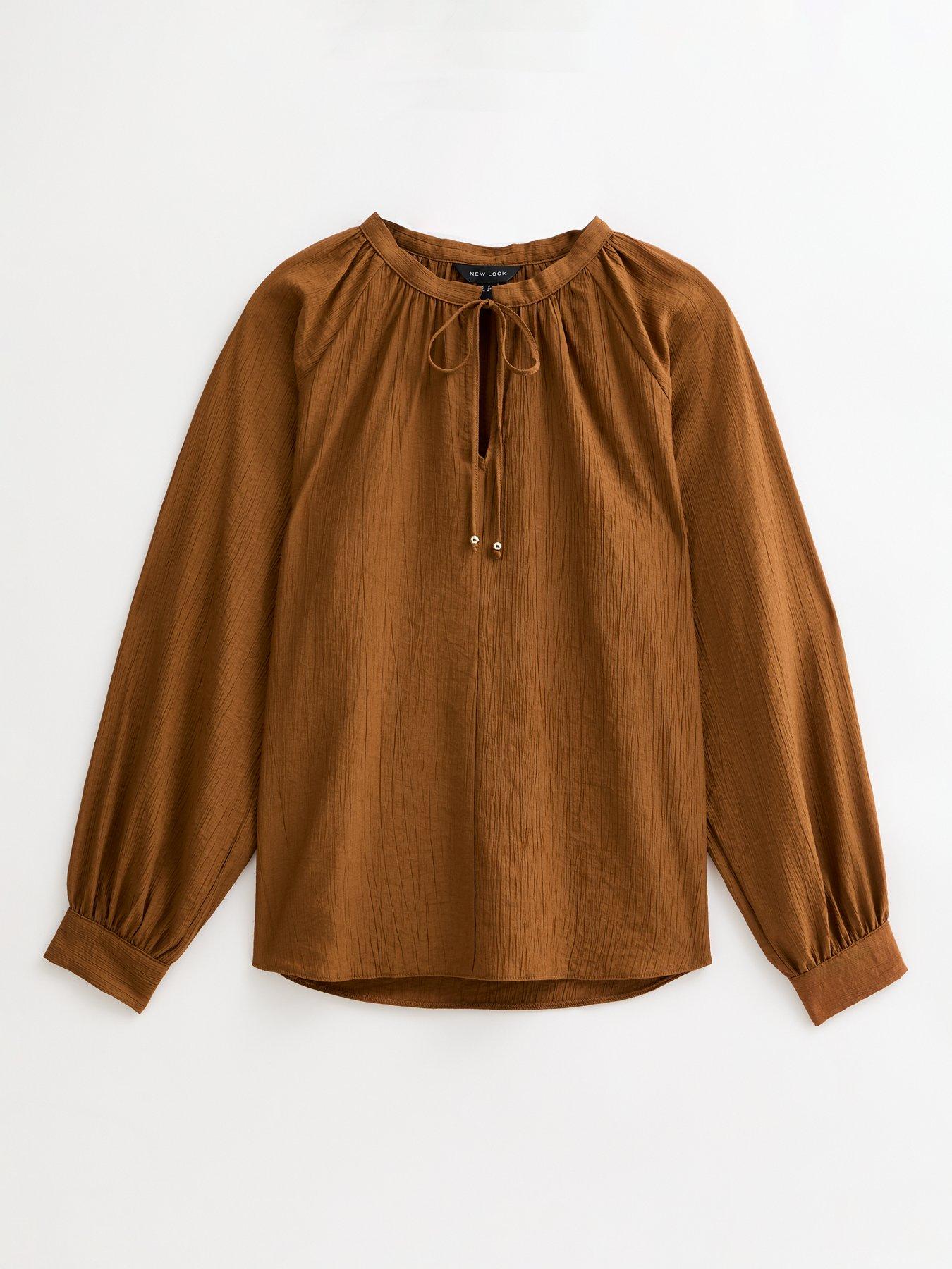 Image 5 of 5 of New Look Tie Neck Long Sleeve Blouse - Brown