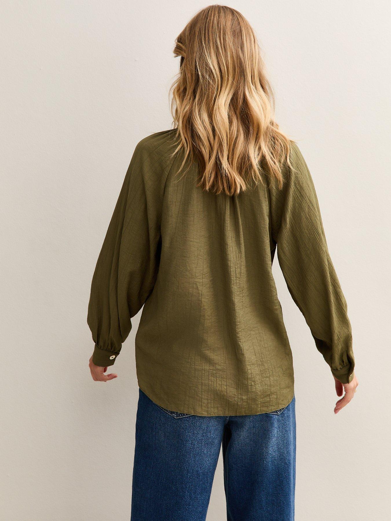  image of new-look-tie-neck-long-sleeve-blouse-khaki