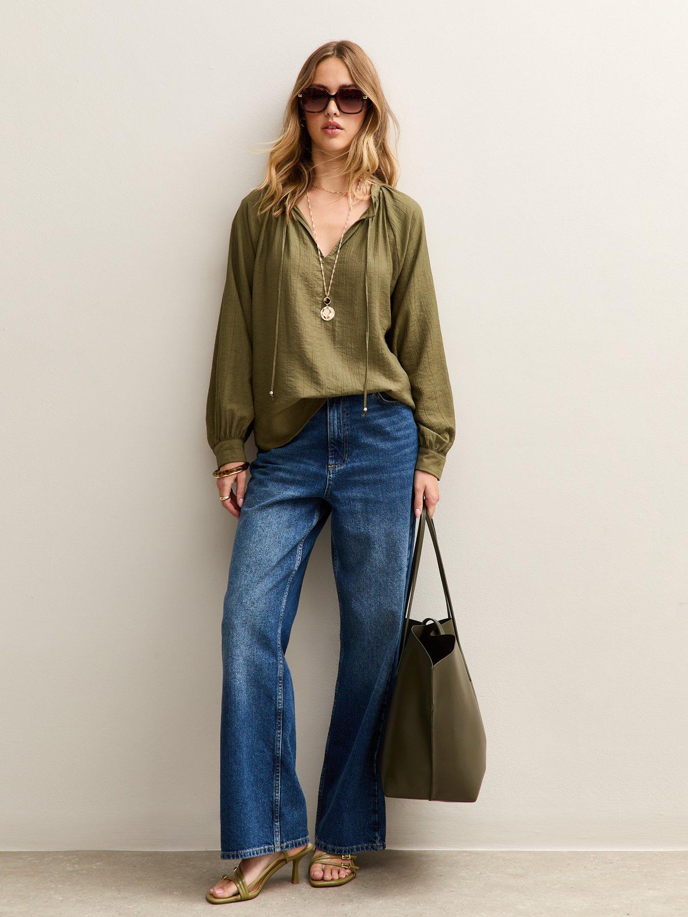 Image 3 of 6 of New Look Tie Neck Long Sleeve Blouse - Khaki