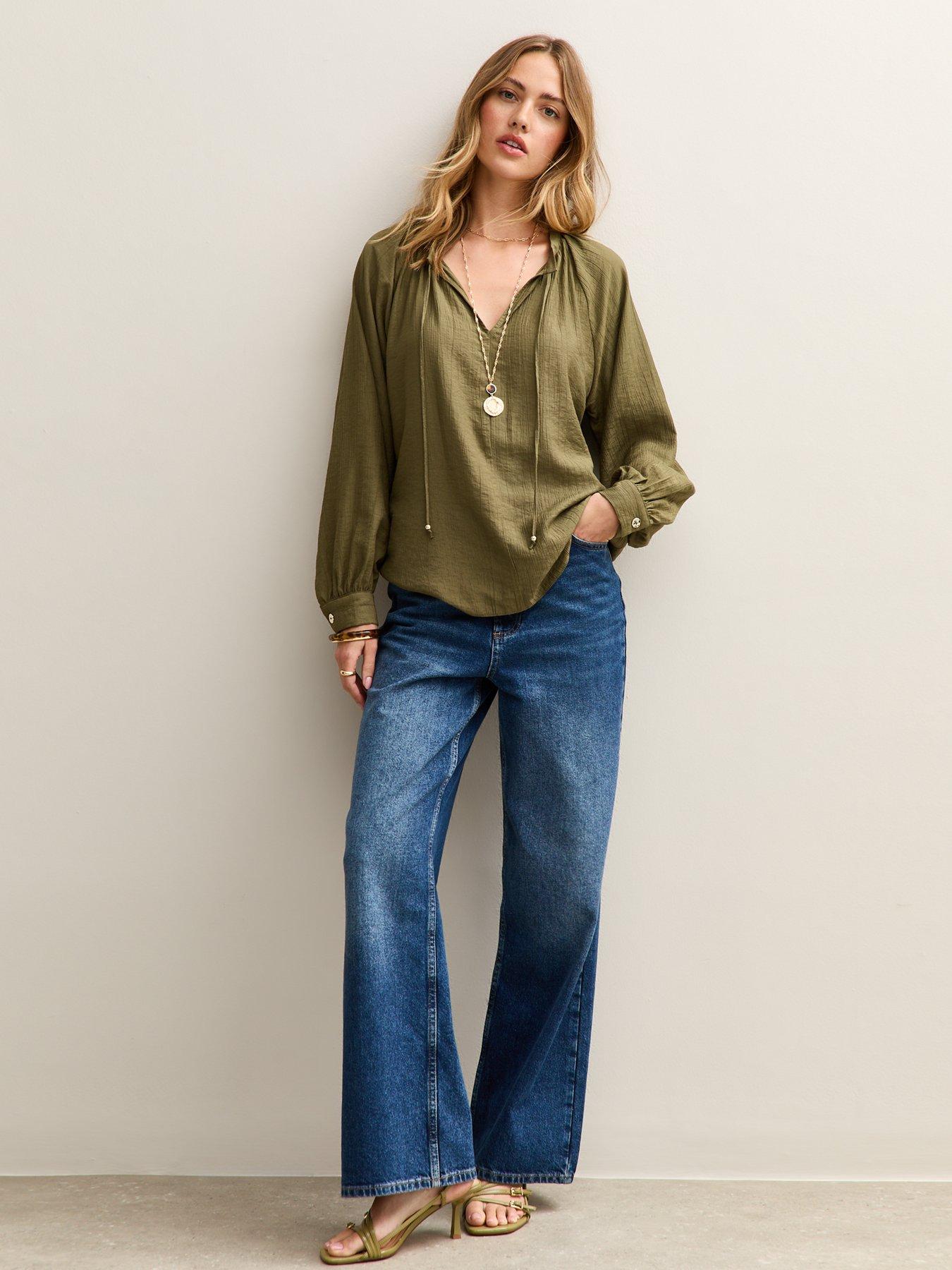 Image 5 of 6 of New Look Tie Neck Long Sleeve Blouse - Khaki