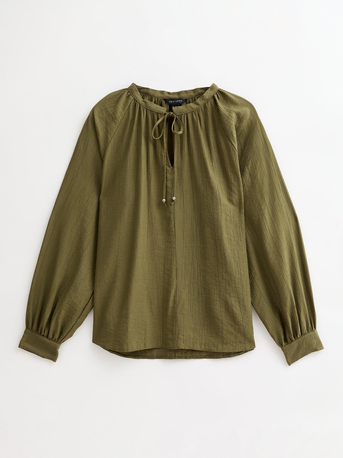 Image 6 of 6 of New Look Tie Neck Long Sleeve Blouse - Khaki