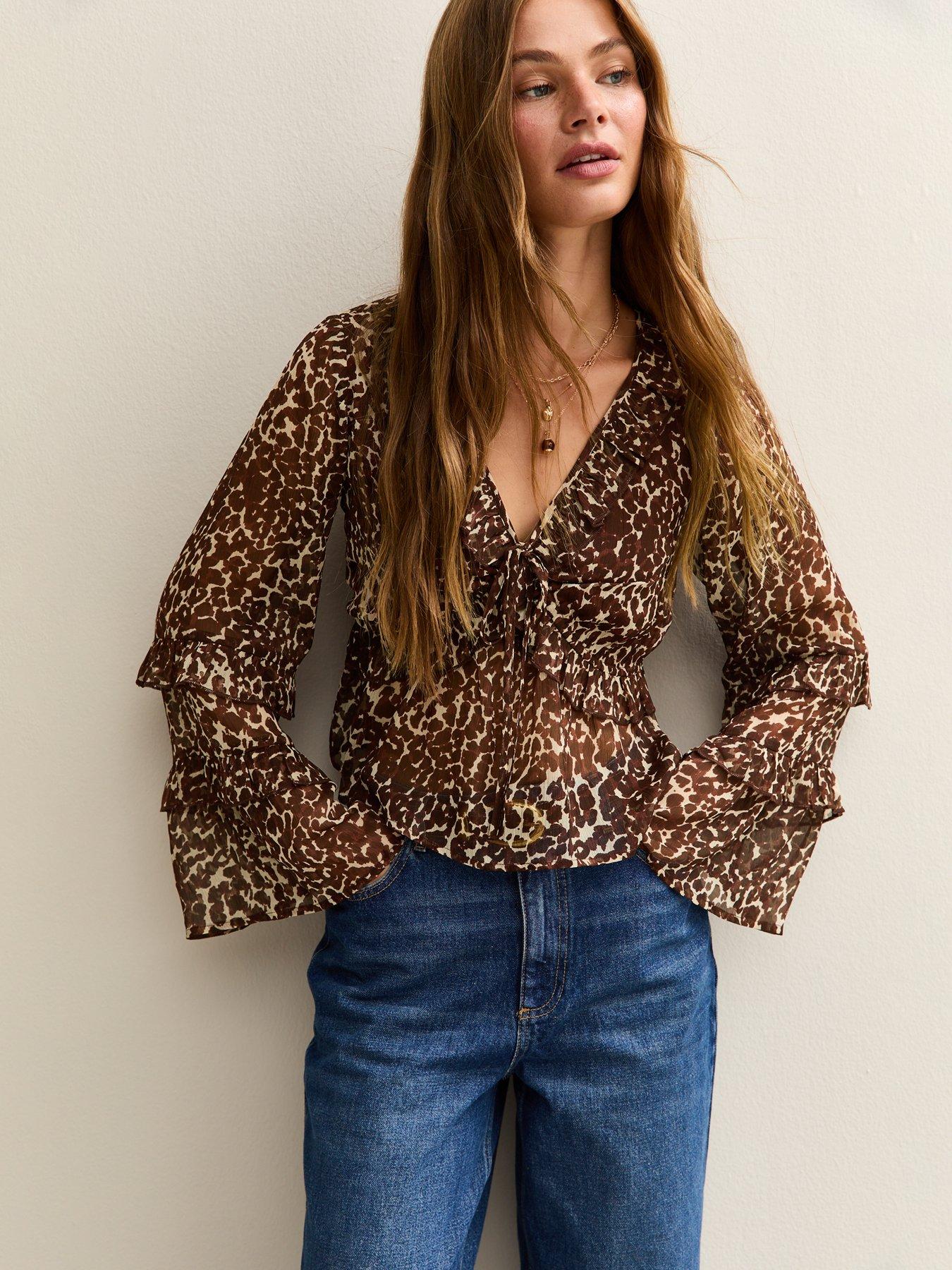 undefined Chiffon V-Neck Frill Blouse - Brown