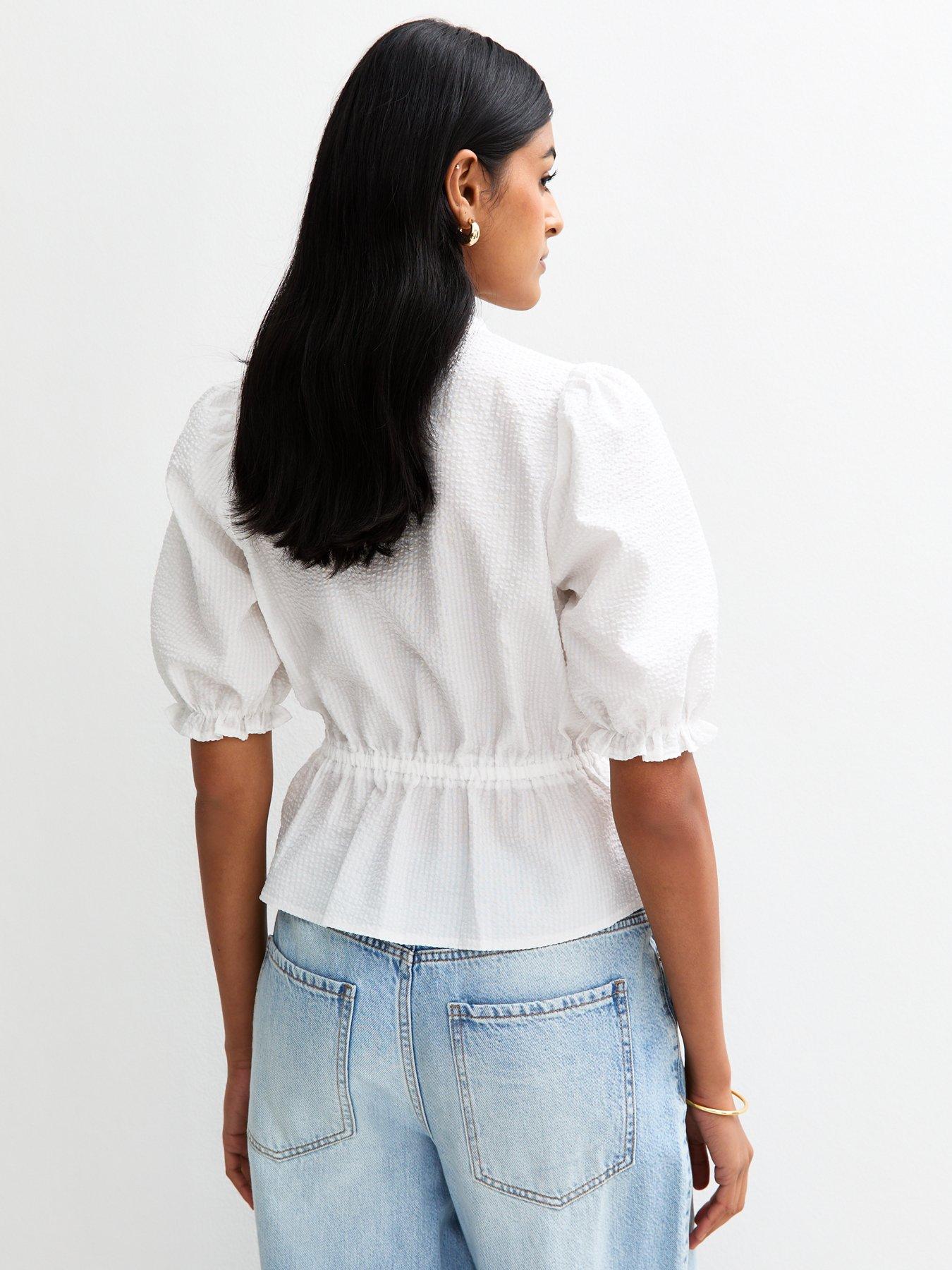  image of new-look-crinkled-tie-neck-top-cream