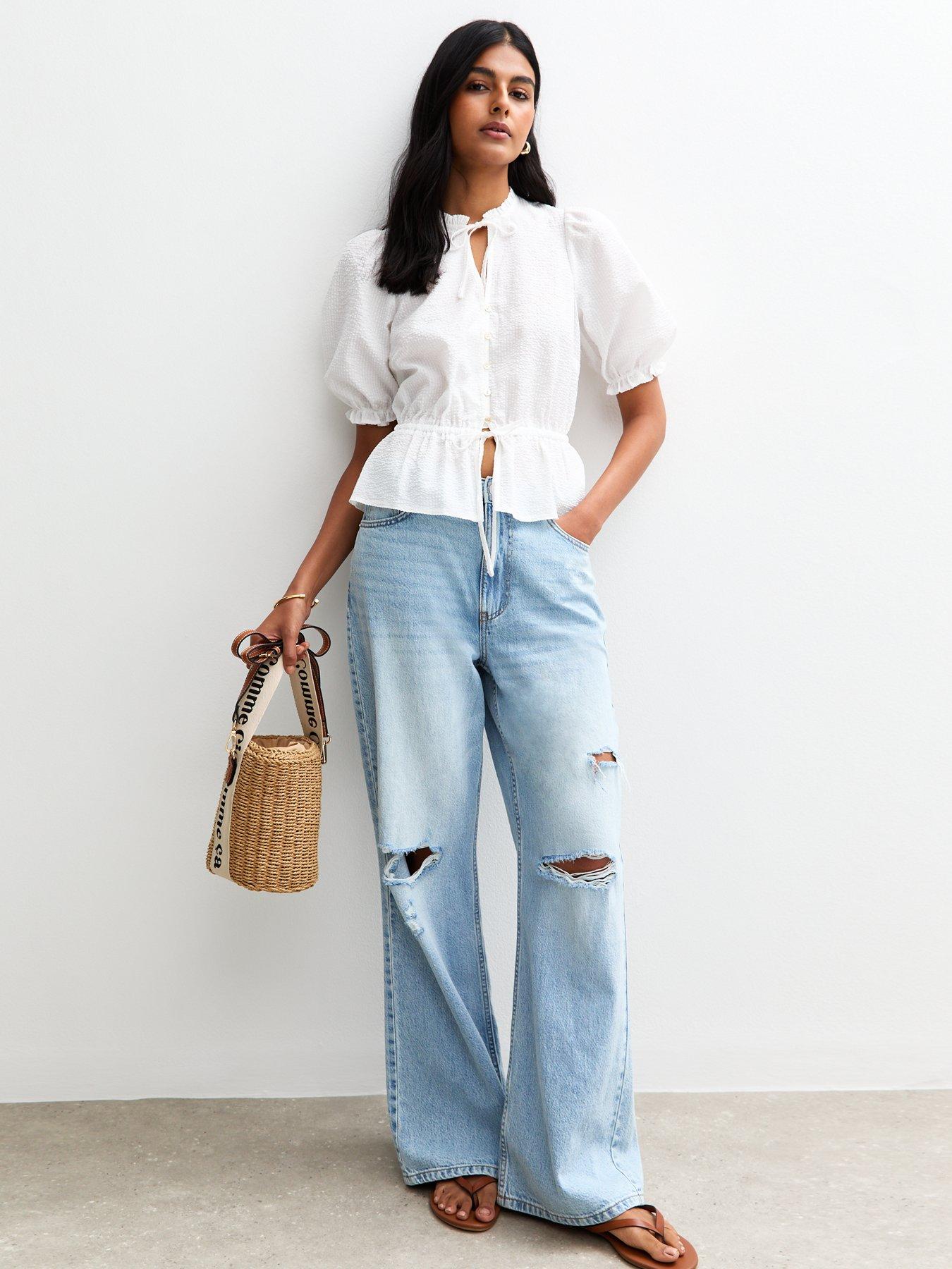  image of new-look-crinkled-tie-neck-top-cream