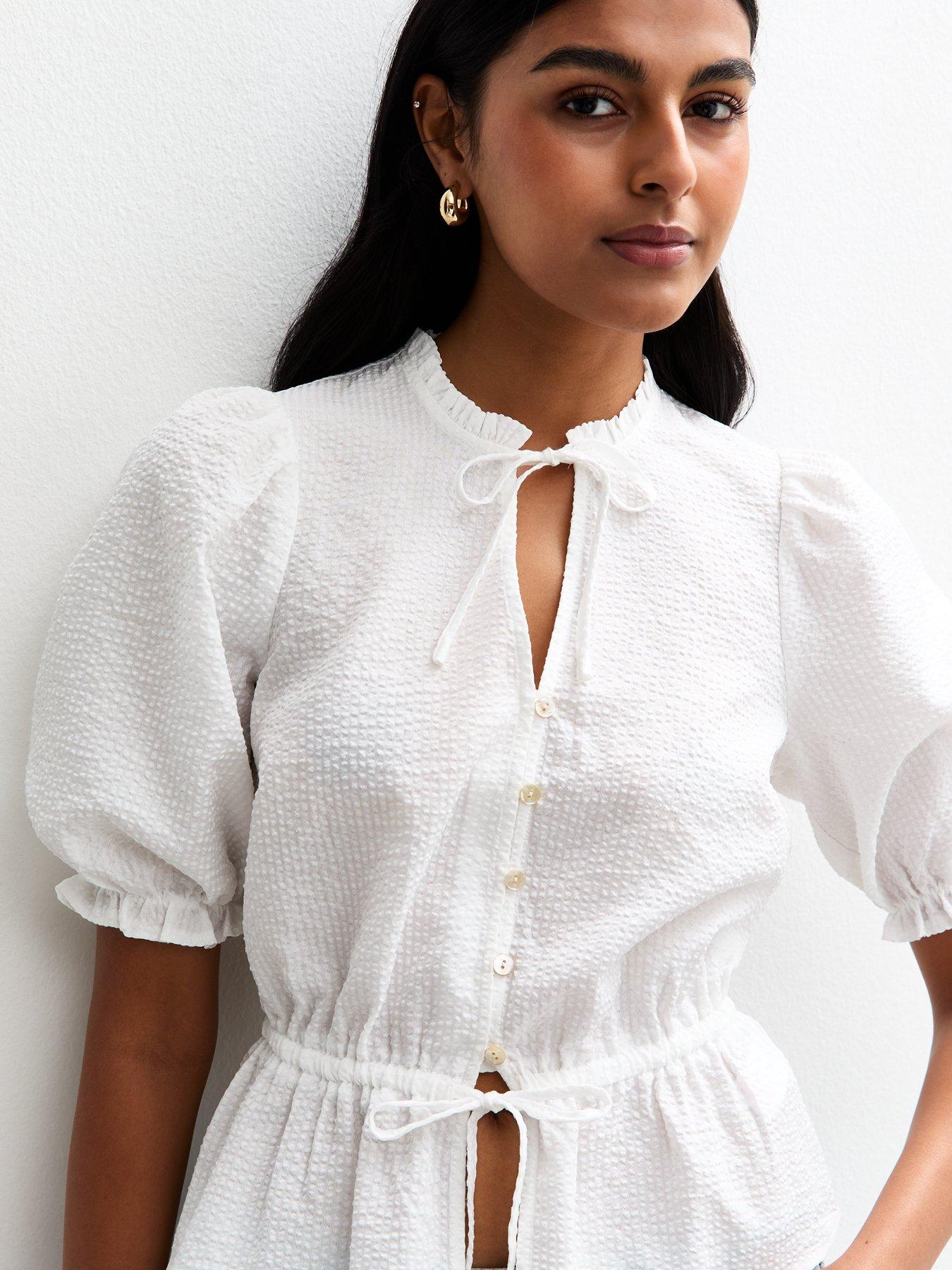  image of new-look-crinkled-tie-neck-top-cream