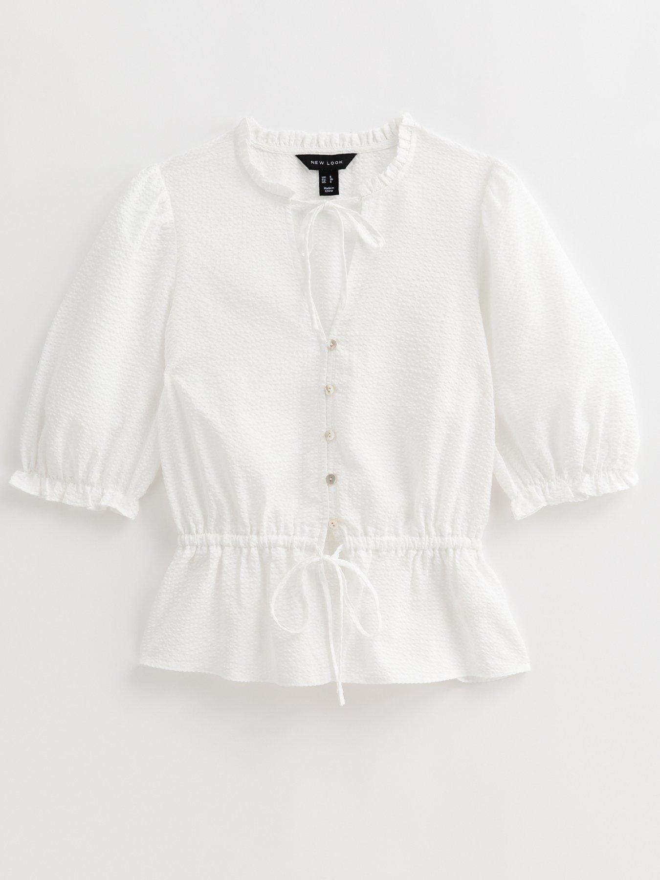  image of new-look-crinkled-tie-neck-top-cream