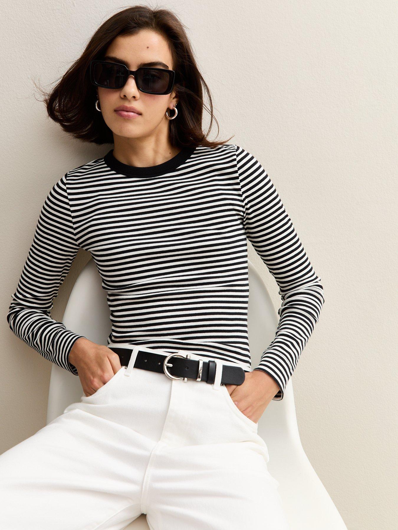 New Look Striped Long Sleeve Ribbed Jersey Top - Black and White
