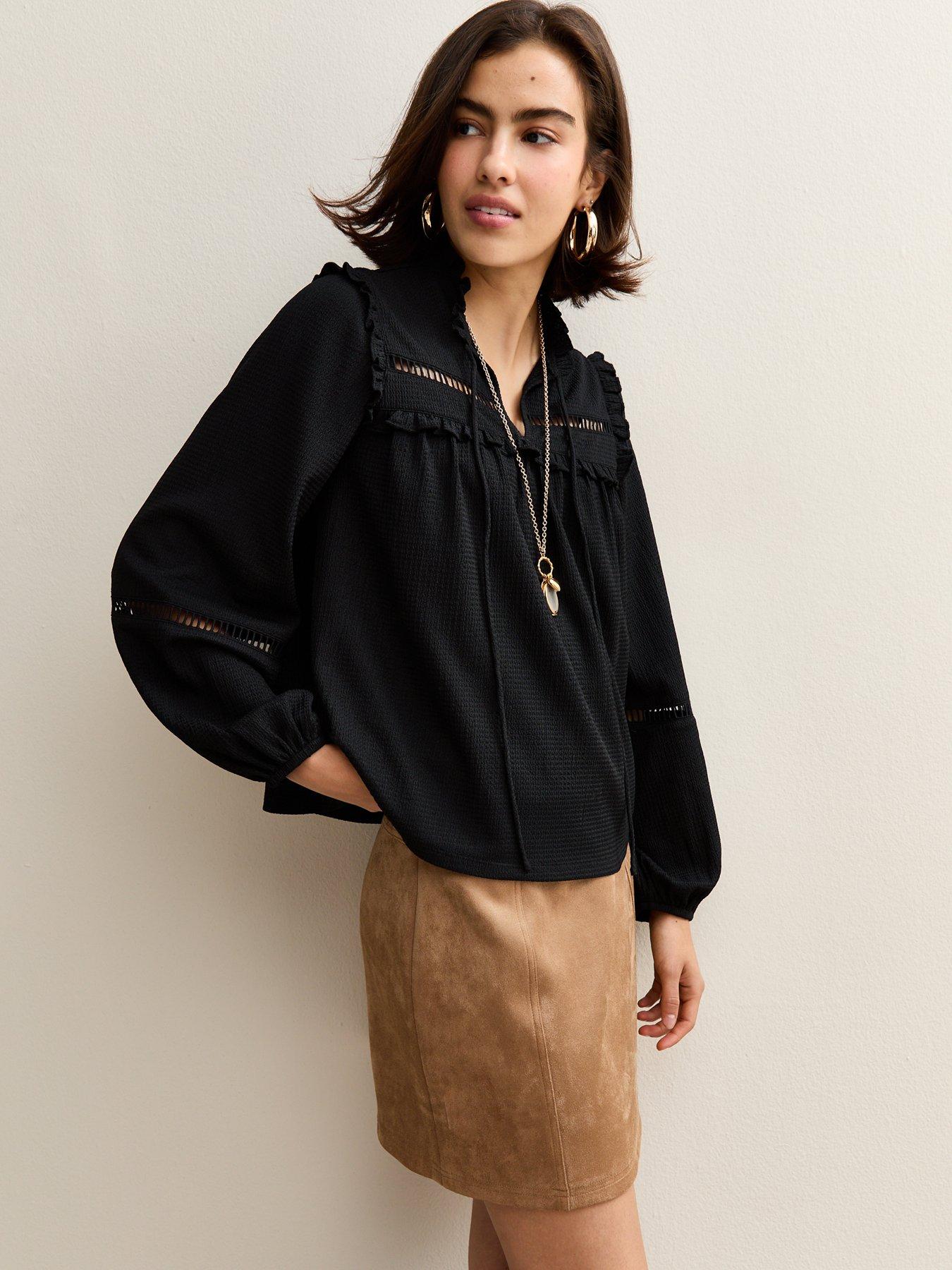 undefined Black Ladder Insert Tie Neck Blouse
