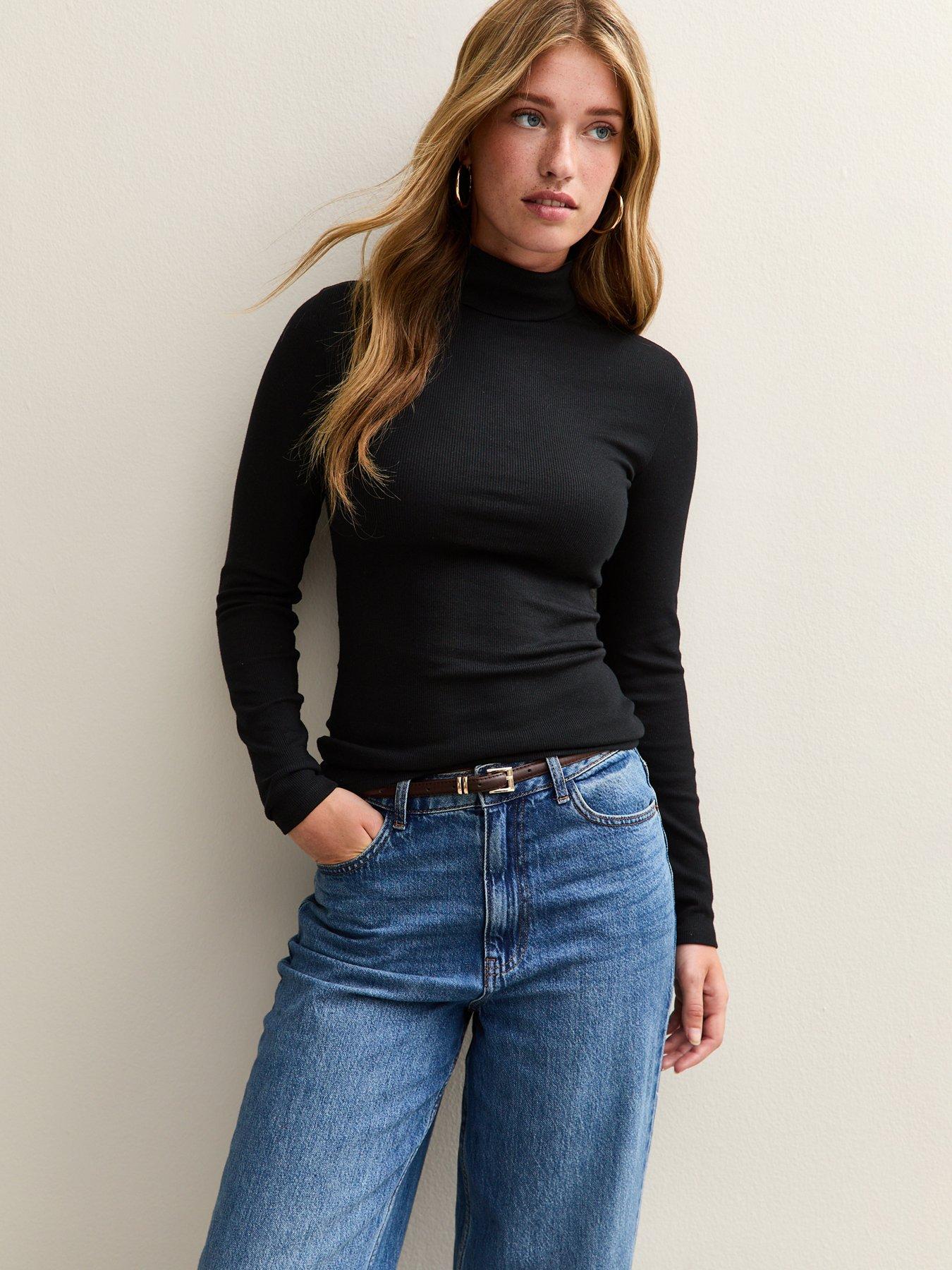 Image 1 of 5 of New Look Black Jersey Gathered Neck Slinky Bodysuit
