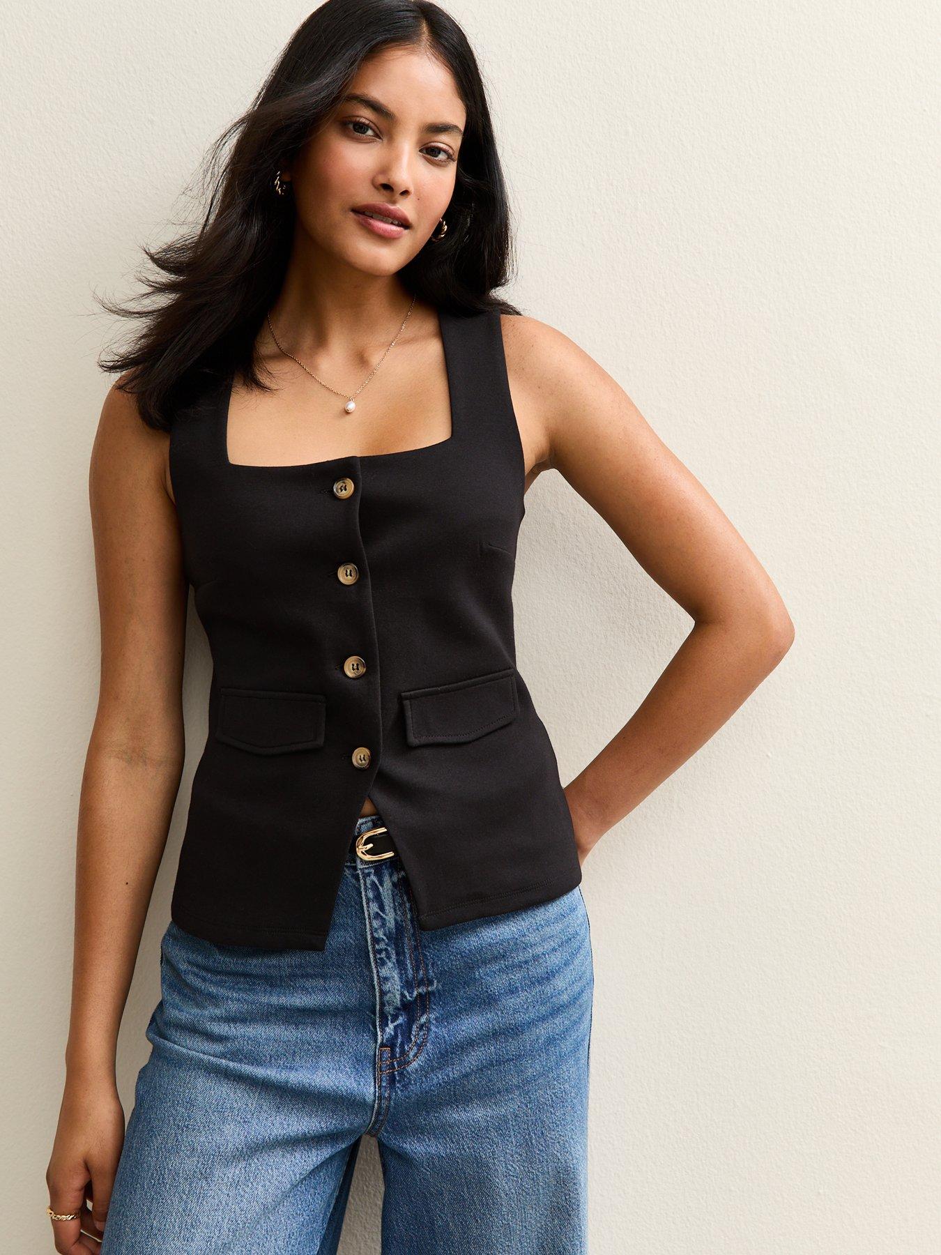 undefined Black Square Neck Button Through Sleeveless Top