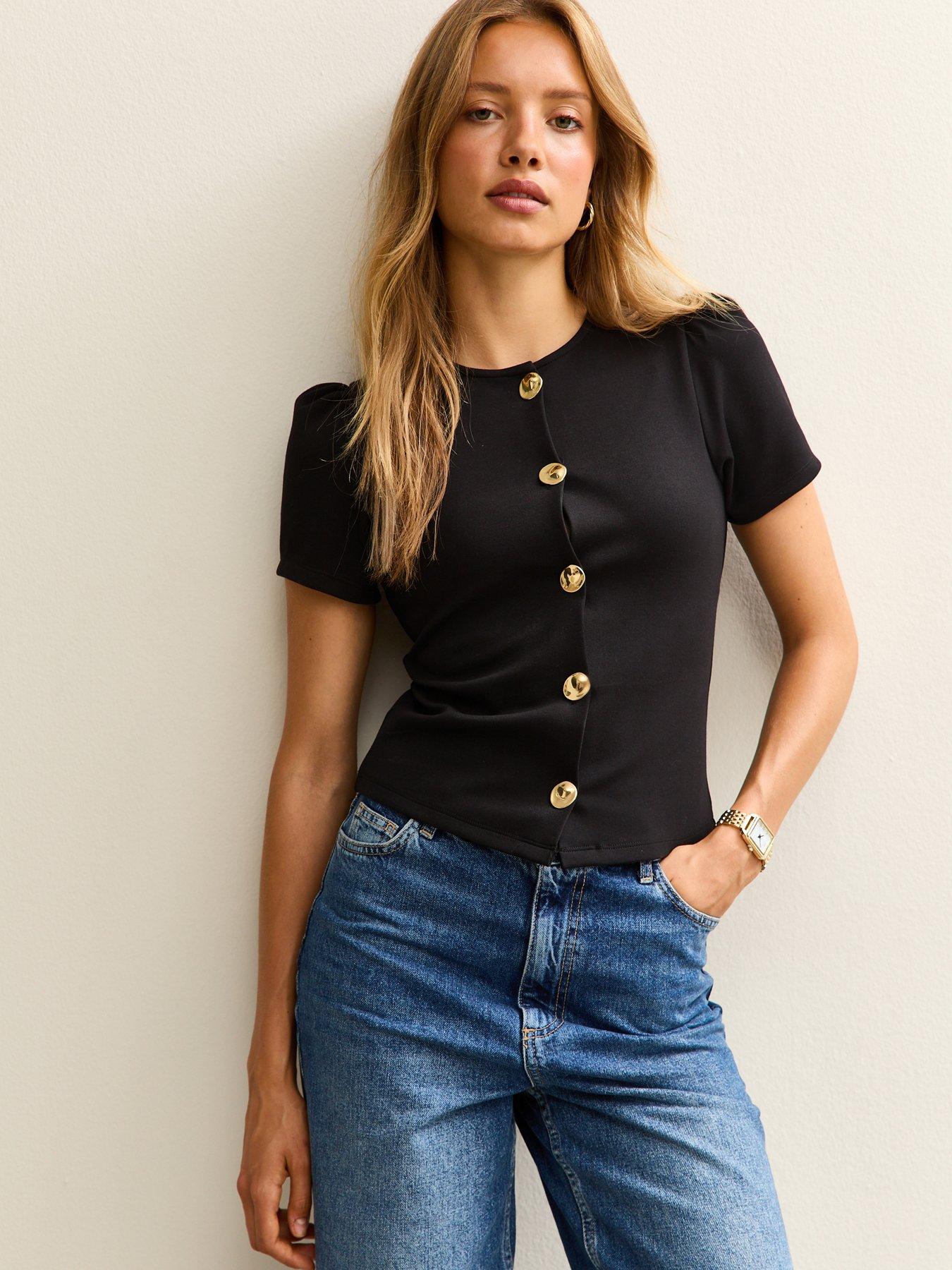 new-look-black-puff-sleeve-crew-neck-button-through-top