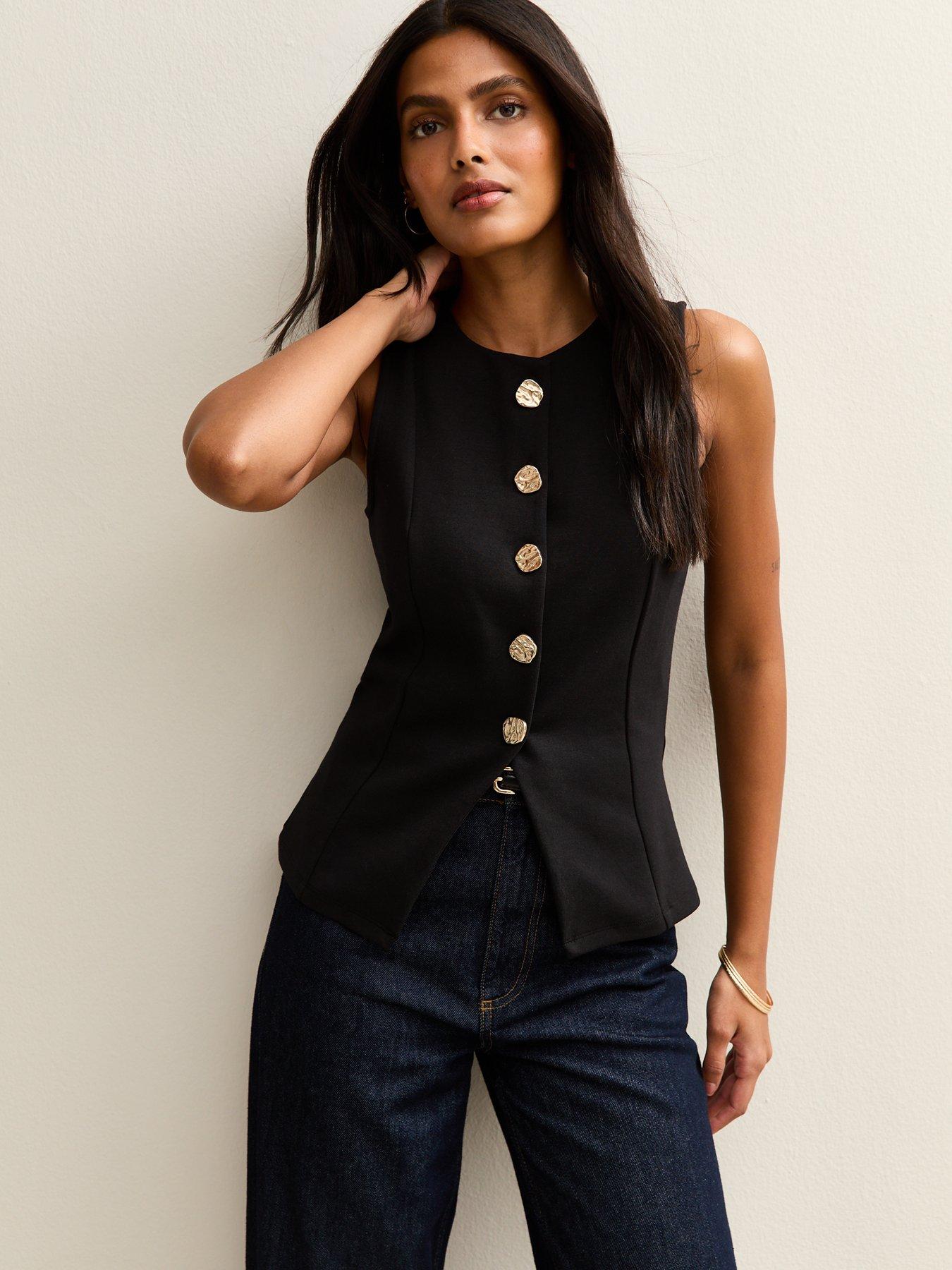 undefined Jersey Crew Neck Gold Button Waistcoat - Black