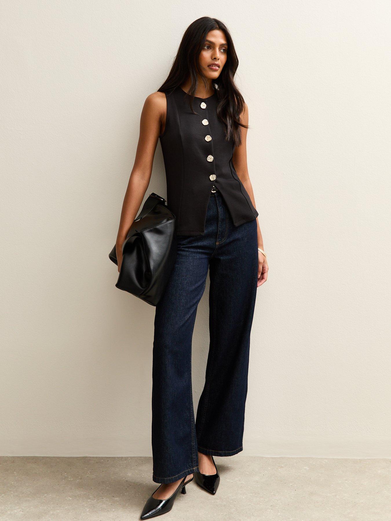 Image 3 of 5 of New Look Jersey Crew Neck Gold Button Waistcoat - Black
