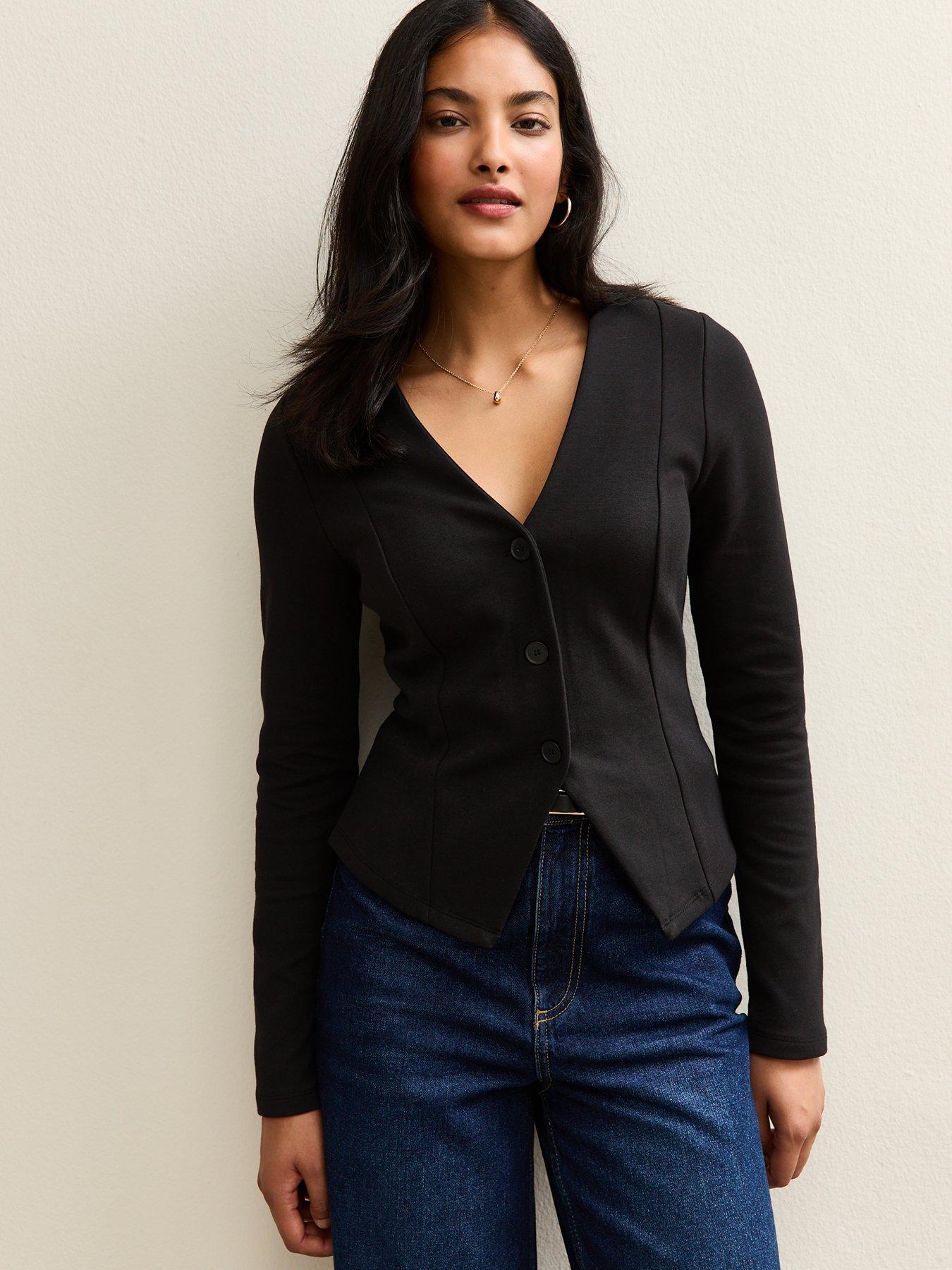 undefined Panelled Button Through Long Sleeve Top - Black