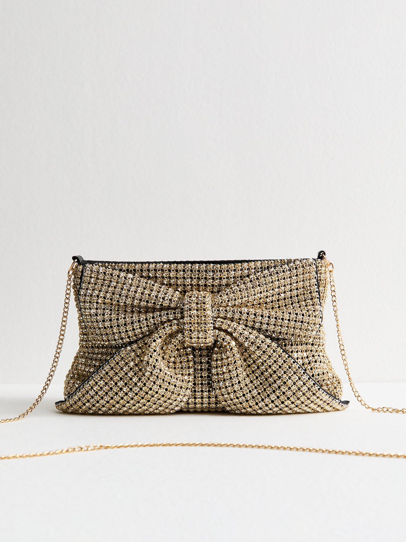 Image 1 of 4 of New Look Rhinestone Embellished Bow Appliqued Clutch - Gold