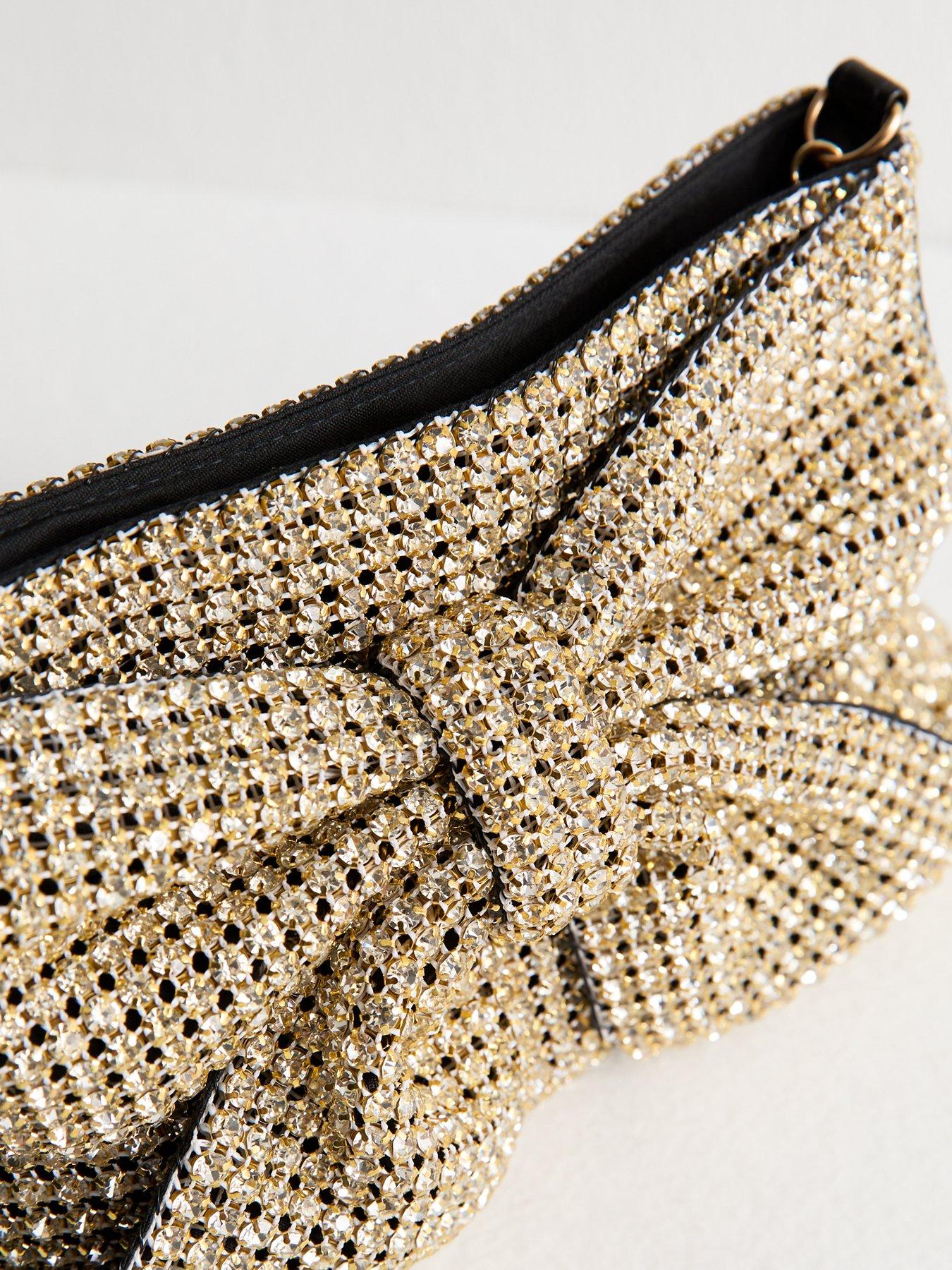 Image 3 of 4 of New Look Rhinestone Embellished Bow Appliqued Clutch - Gold