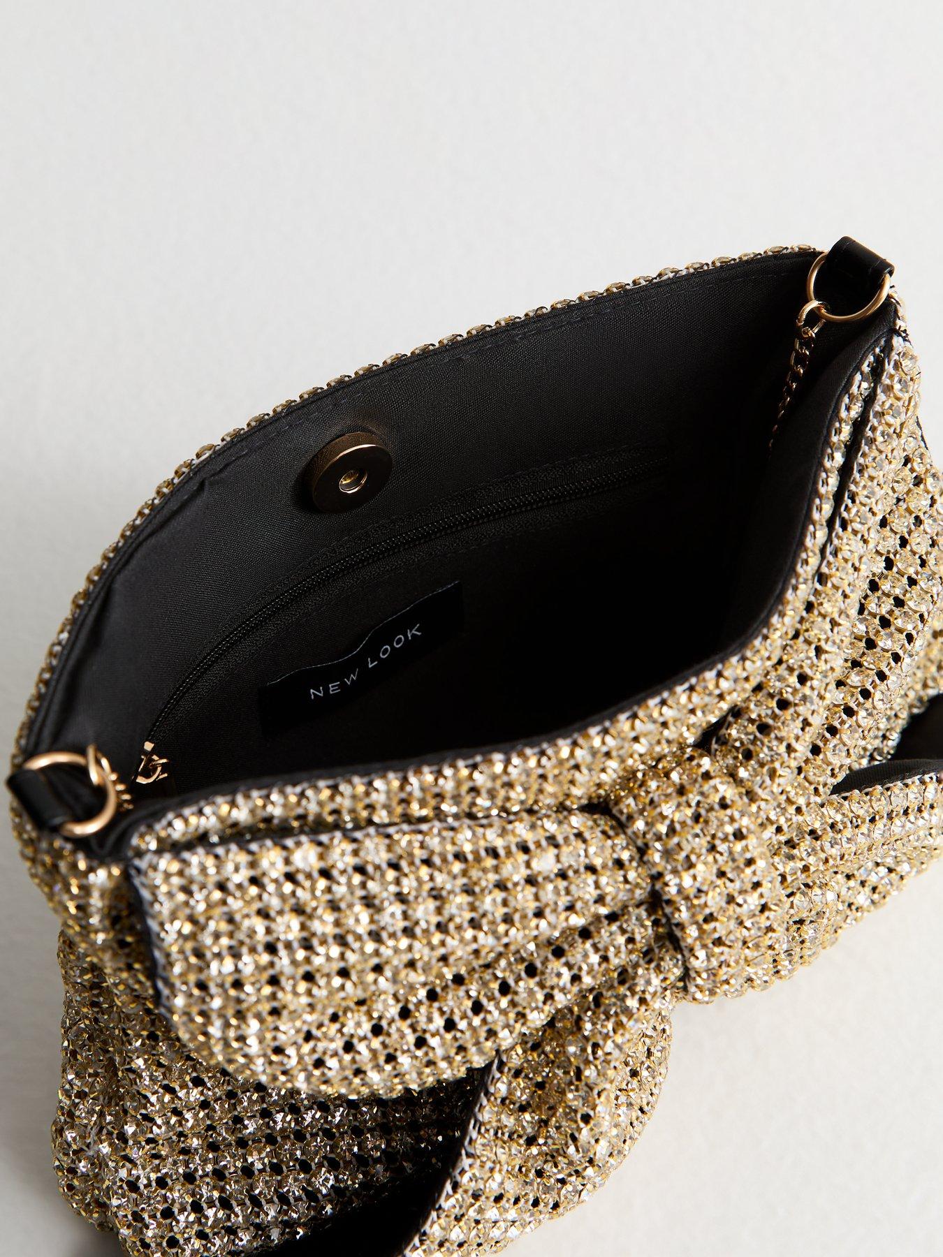 Image 4 of 4 of New Look Rhinestone Embellished Bow Appliqued Clutch - Gold