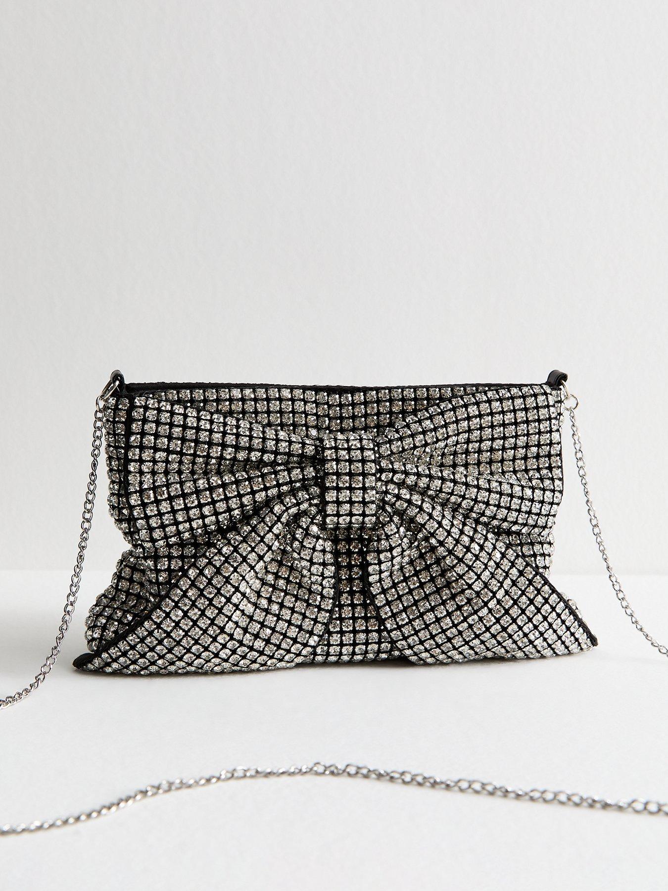 undefined Silver Rhinestone Embellished Bow Appliqued Clutch