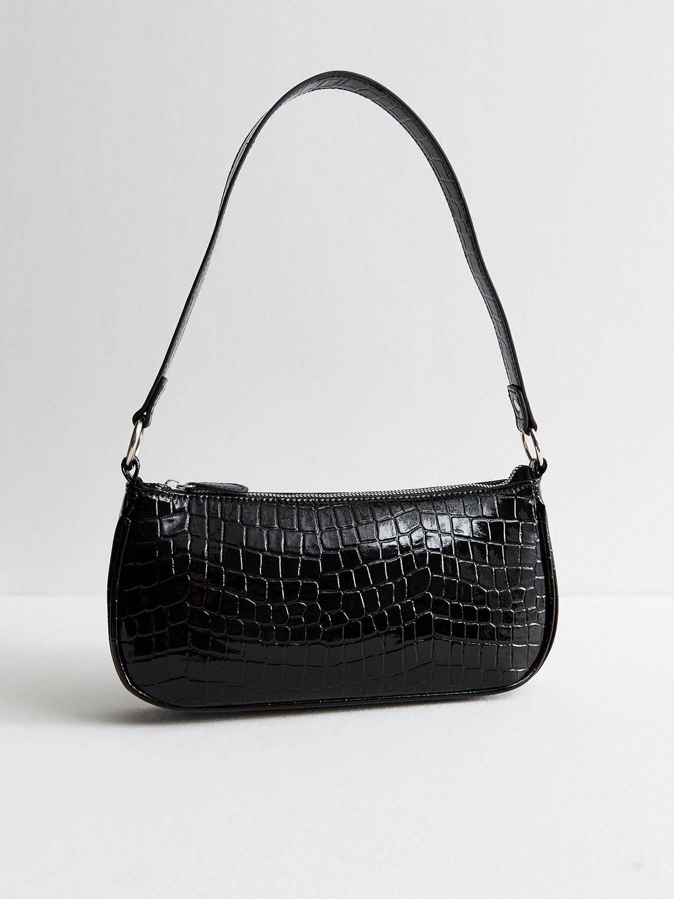 Image 1 of 5 of New Look Faux Leather Crocodile Embossed Shoulder Bag - Black