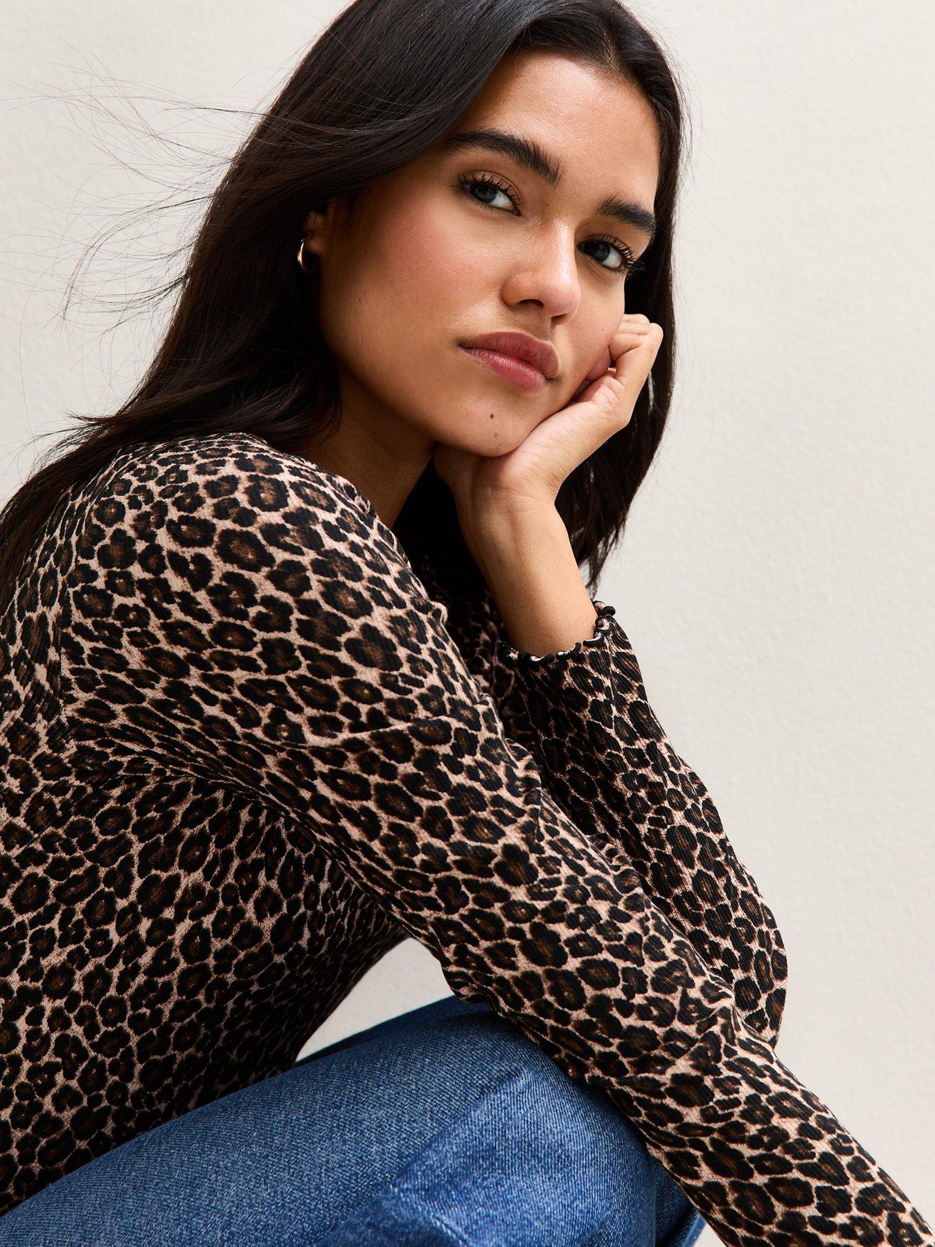 image of new-look-leopard-print-long-sleeve-top-brown