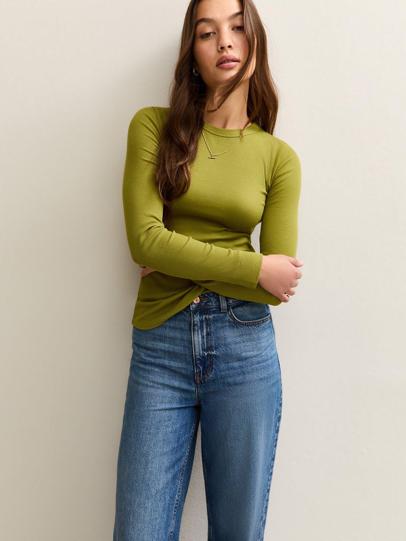 Image 1 of 4 of New Look Light Khaki Long Sleeve Ribbed Crew Neck Top