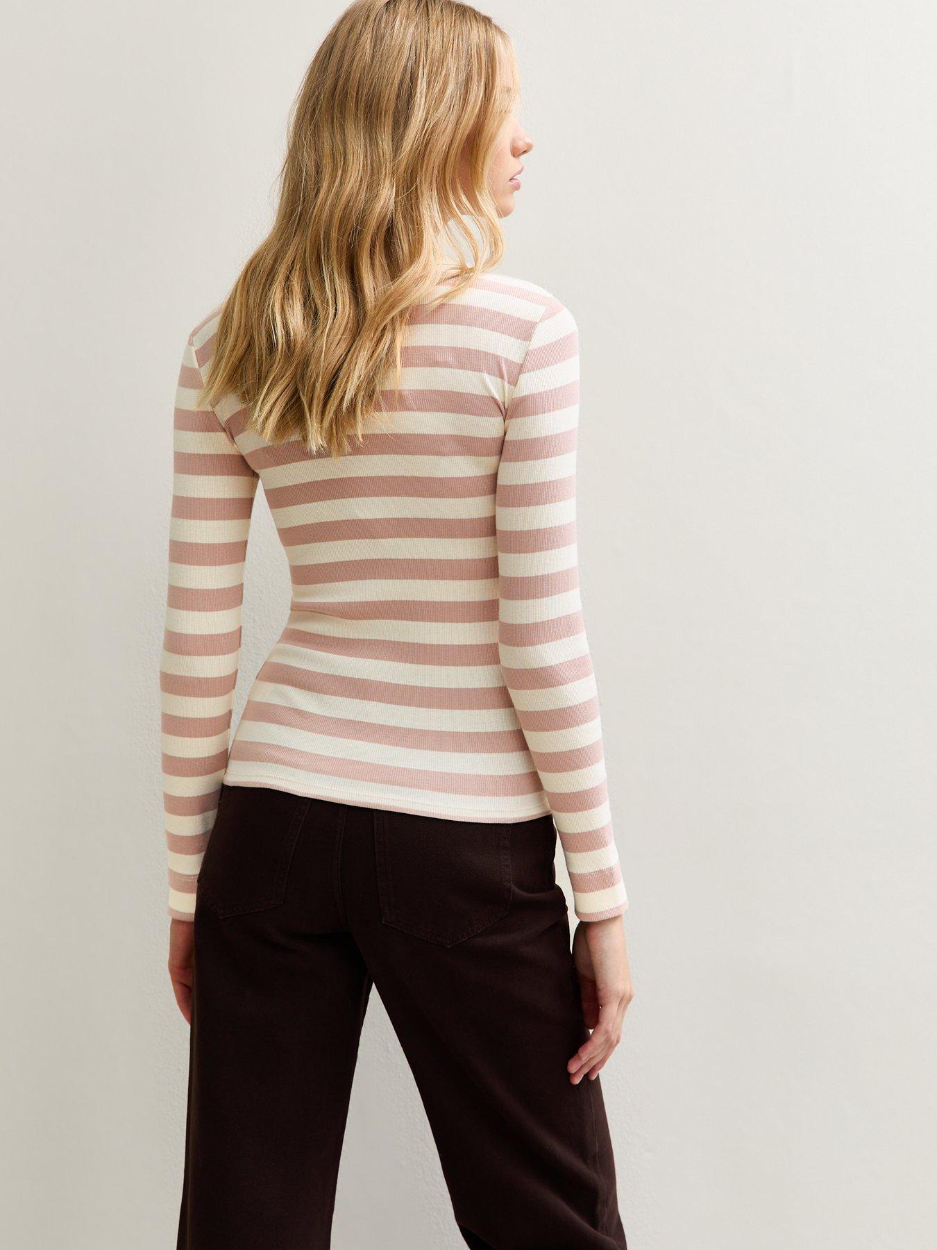 Image 2 of 5 of New Look Striped Long Sleeve Ribbed Crew Neck Top - Cream